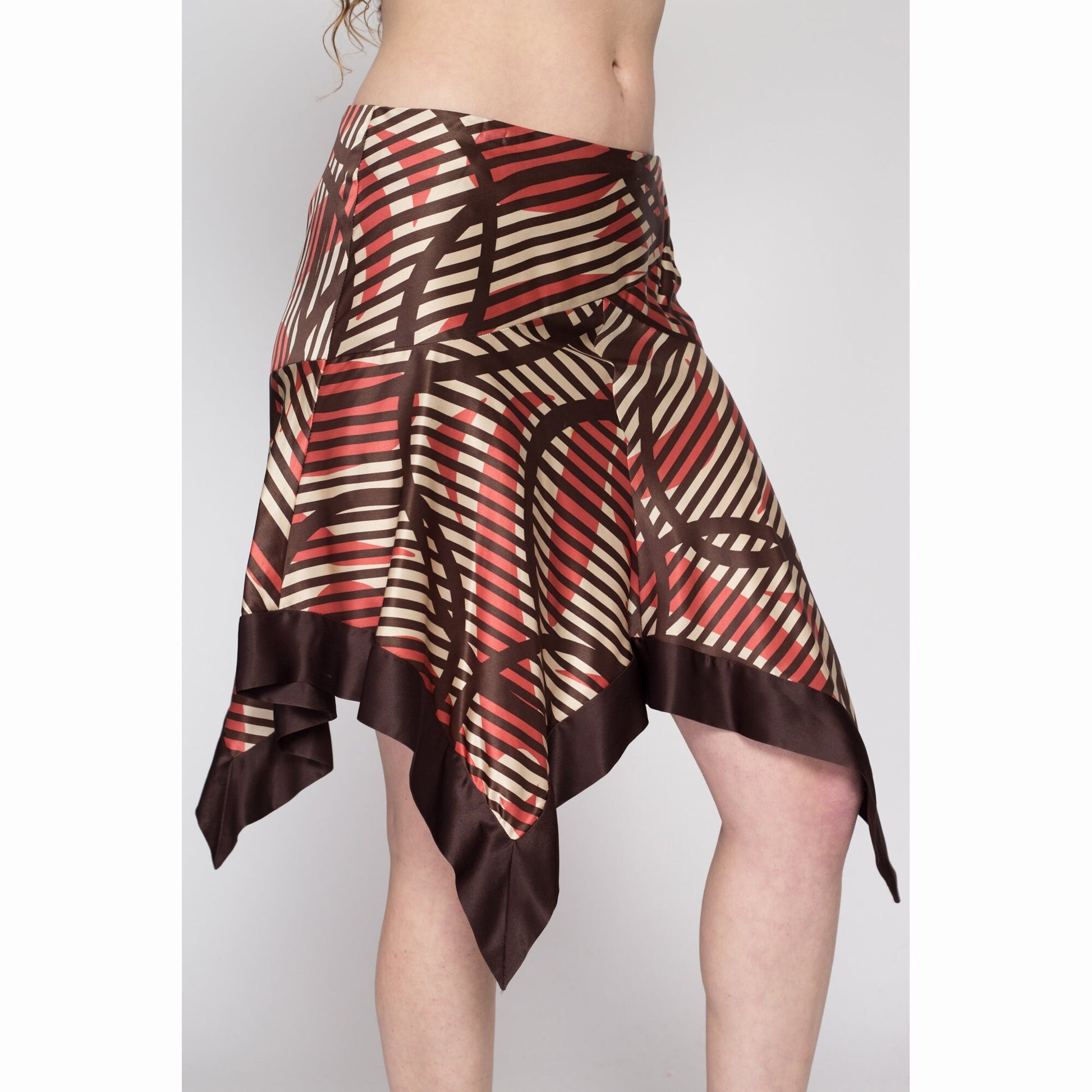 Small 90s Y2K Bebe Silk Striped Fairy Skirt | Vintage Boho Brown Hanky Scarf Hem Low Rise Slip Skirt