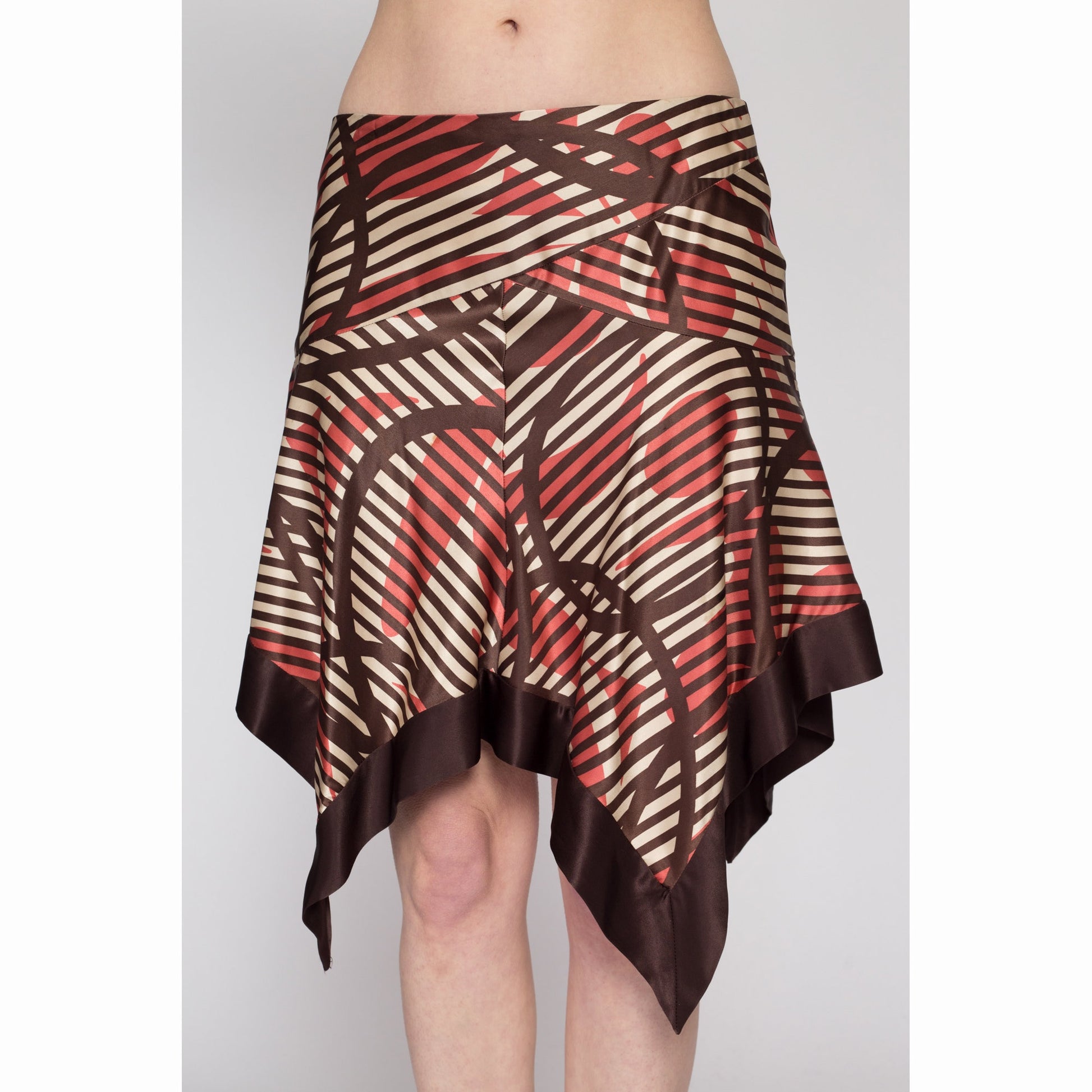 Small 90s Y2K Bebe Silk Striped Fairy Skirt | Vintage Boho Brown Hanky Scarf Hem Low Rise Slip Skirt