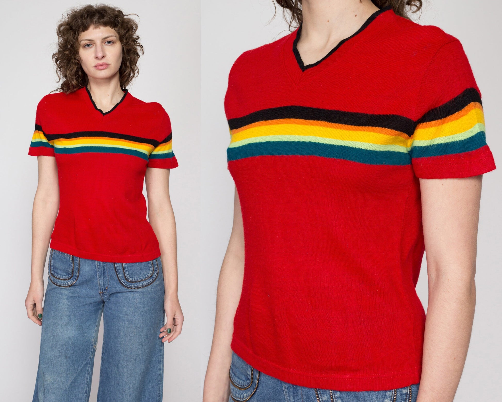 Medium 90s Does 70s Red Striped Knit Top | Vintage Boho Short Sleeve V Neck Shirt
