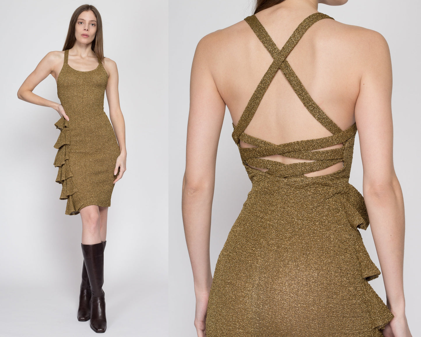 XS 70s Frederick's Of Hollywood Gold Metallic Bodycon Dress | Vintage Crossback Open Back Sleeveless Mini Ruffle Party Dress