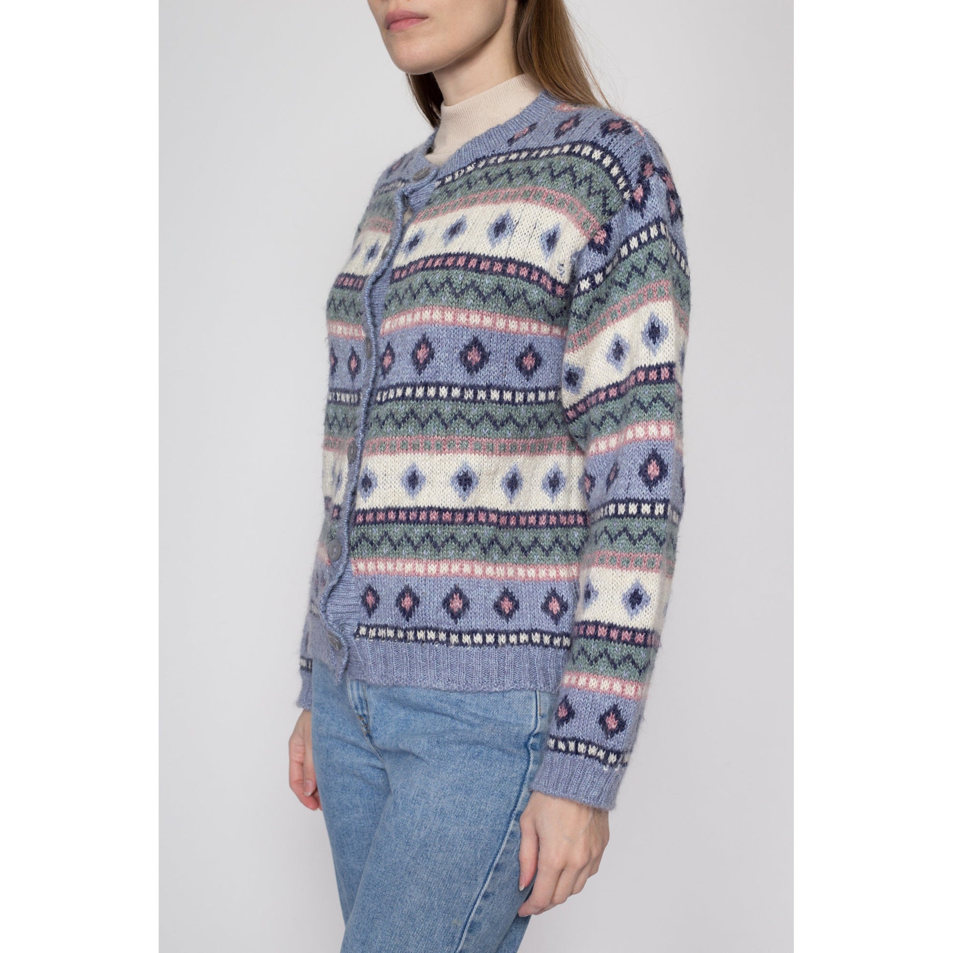 Medium 90s LL Bean Pastel Fair Isle Cardigan | Vintage Mohair Blend Button Up Striped Knit Sweater