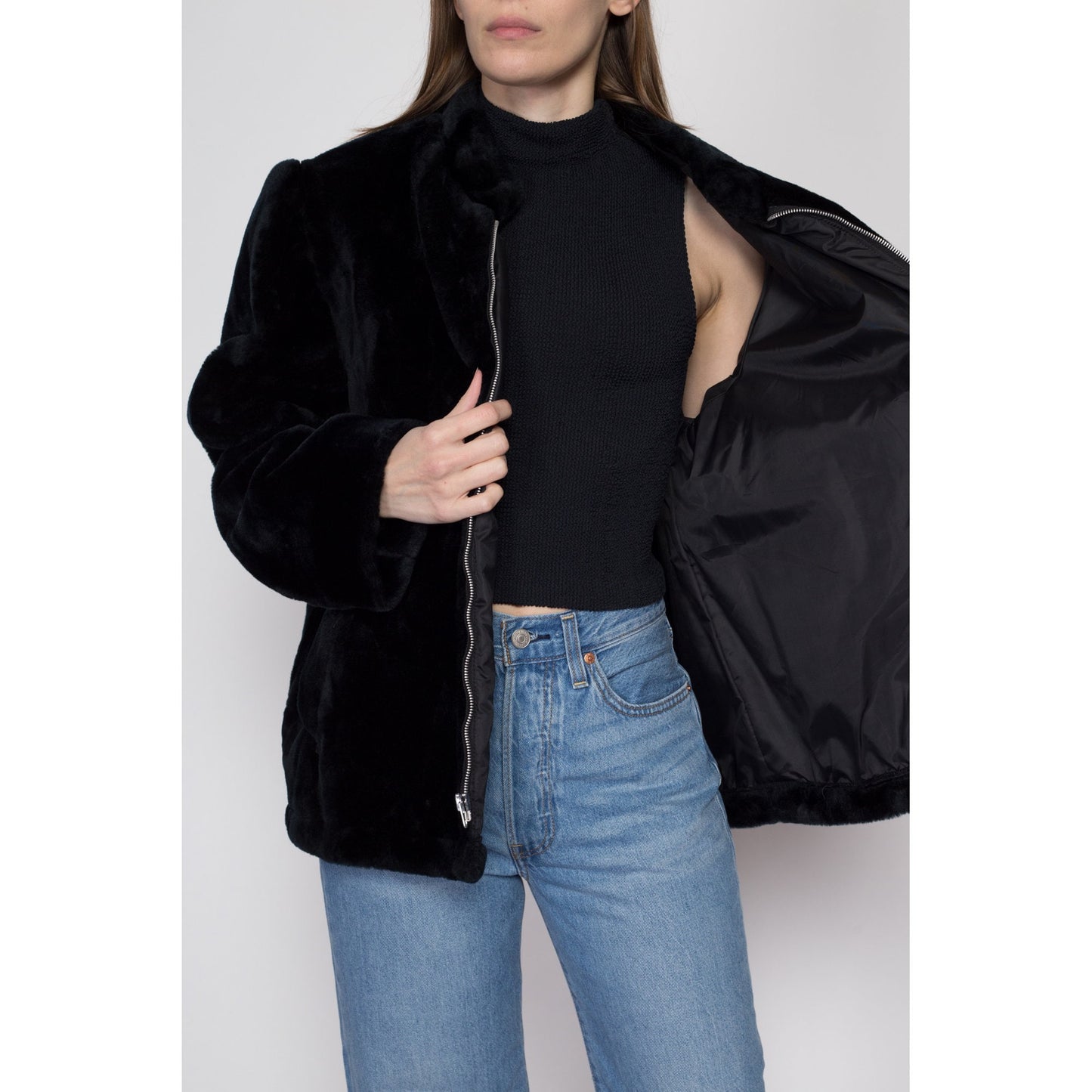 Large 70s 80s Weather Tamer Black Faux Fur Teddy Coat | Vintage Puff Sleeve Plush Windproof Jacket