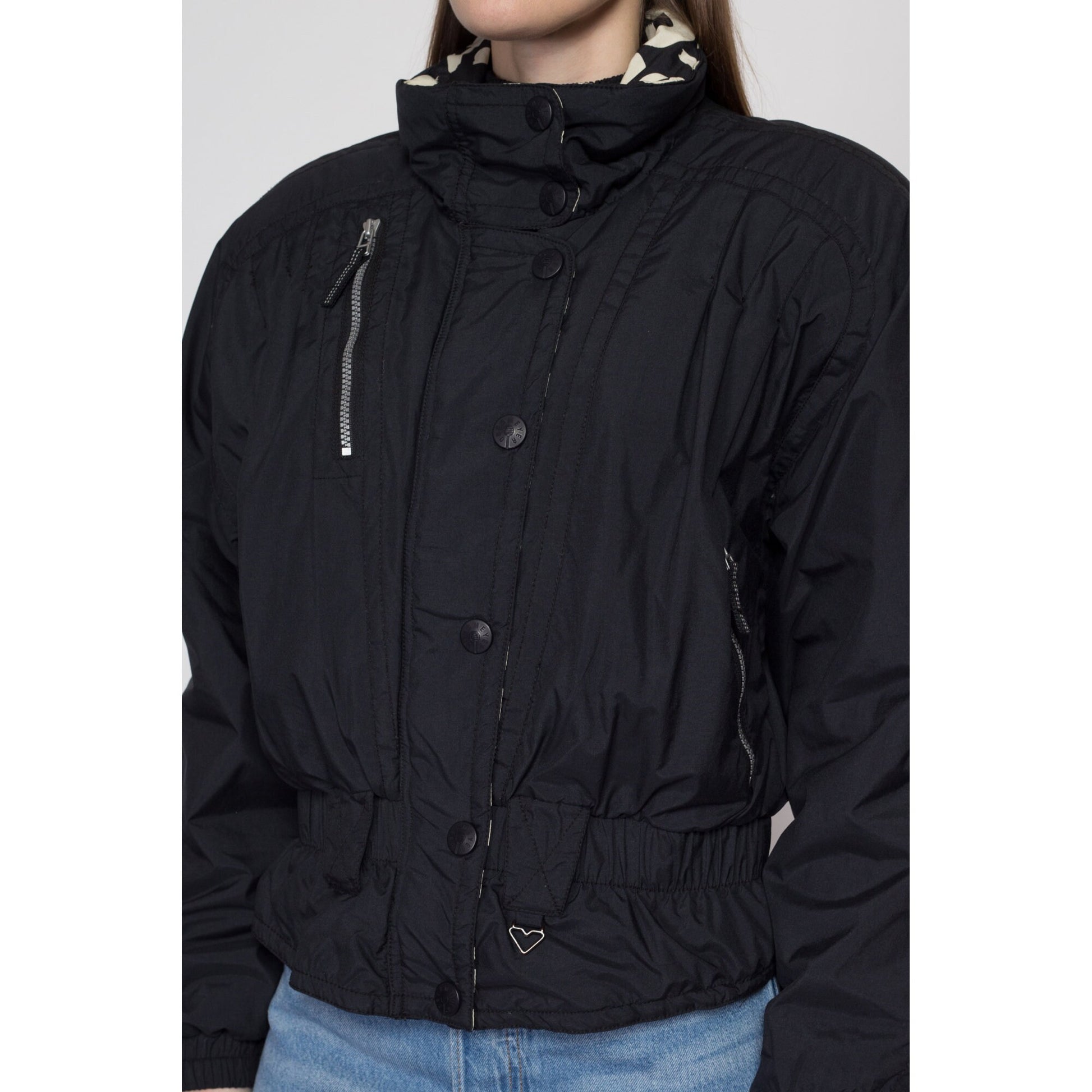 Medium 80s Black & White Obermeyer Ski Jacket | Vintage Zip Up Winter Puffy Coat