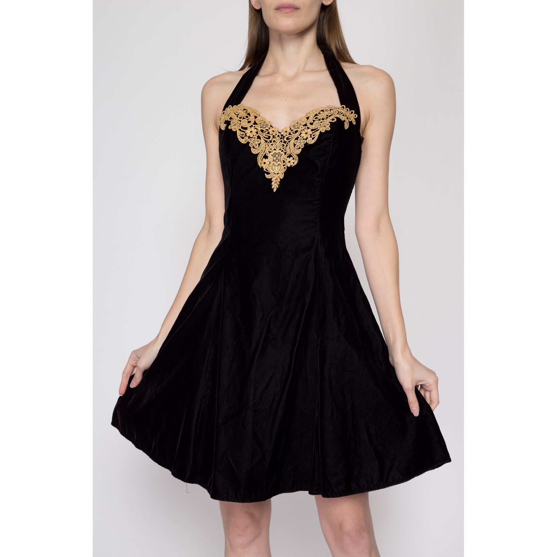 Medium 80s Black Velvet Halter Party Dress | Vintage Fit & Flare Gold Trim Low Back Mini Prom Dress