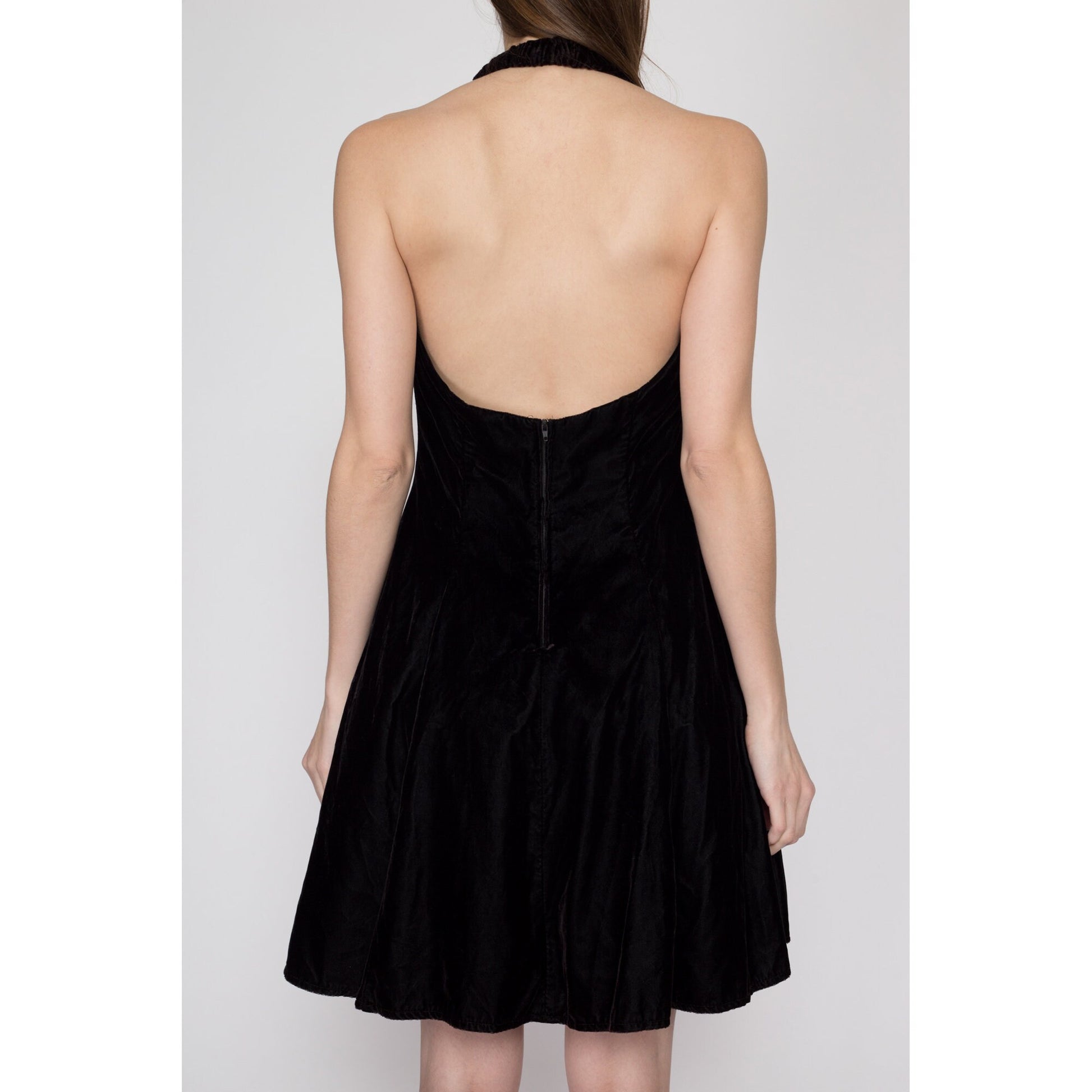 Medium 80s Black Velvet Halter Party Dress | Vintage Fit & Flare Gold Trim Low Back Mini Prom Dress