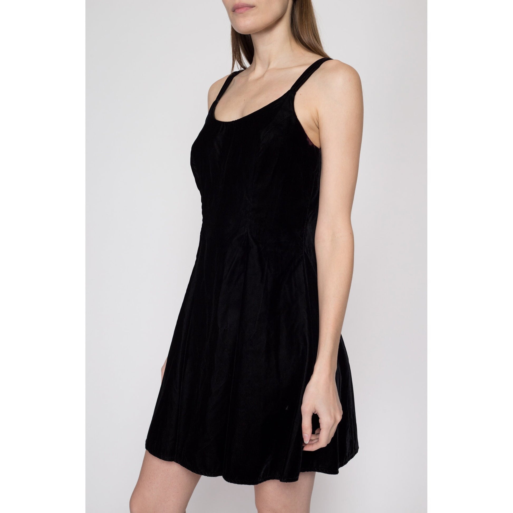 Small 90s Black Velvet Mini Skater Dress | Vintage Sleeveless Spaghetti Strap Minimalist Party Dress