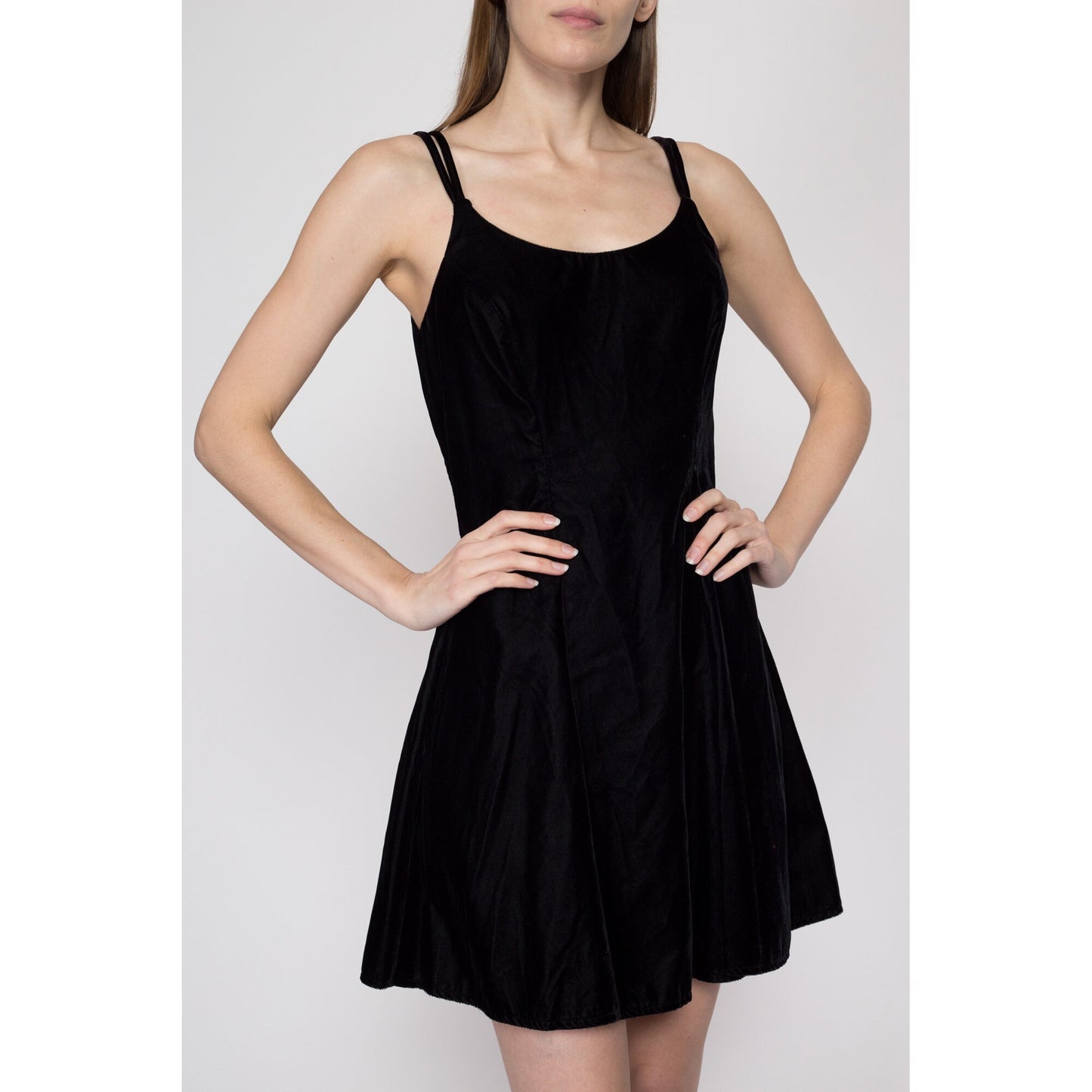 Small 90s Black Velvet Mini Skater Dress | Vintage Sleeveless Spaghetti Strap Minimalist Party Dress