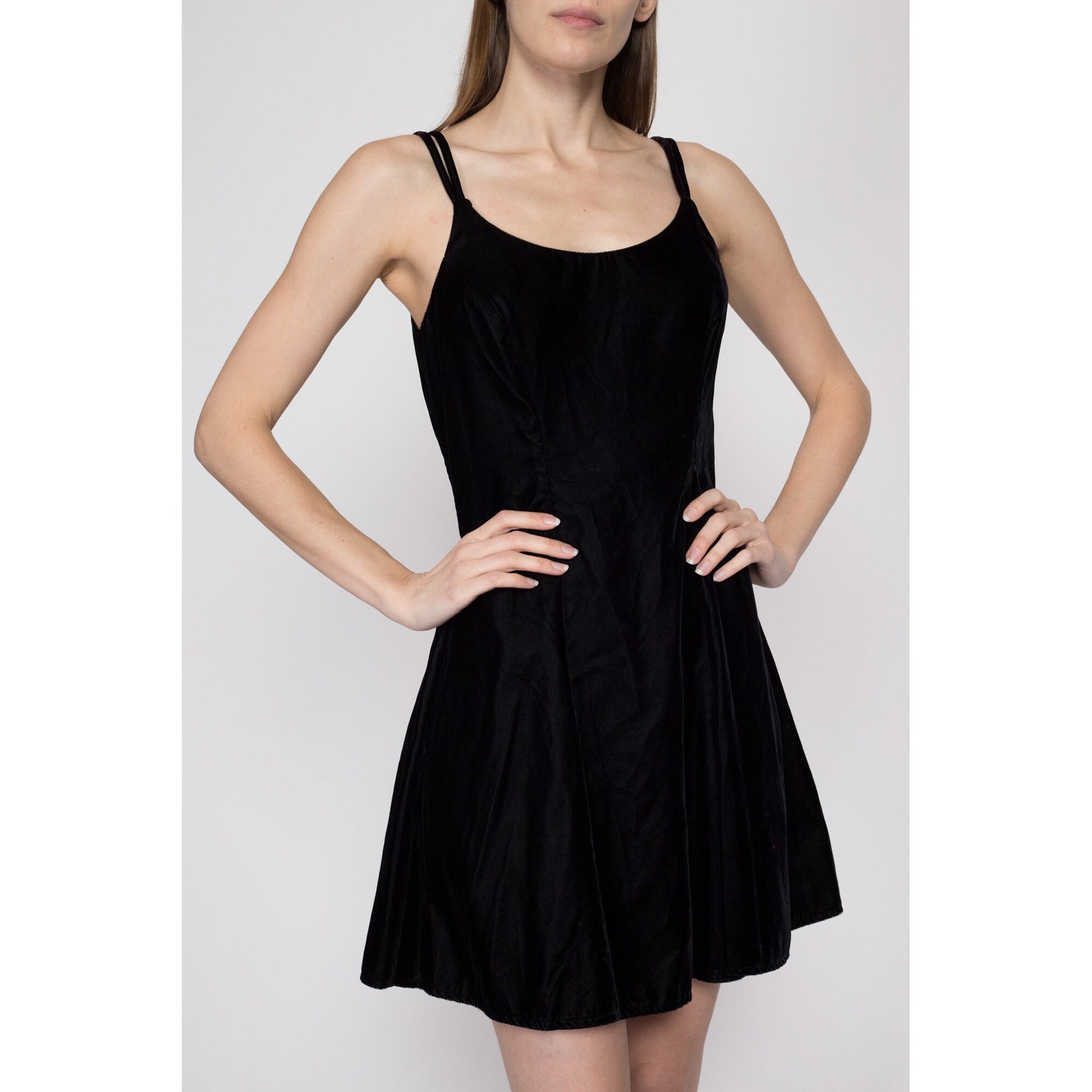 Small 90s Black Velvet Mini Skater Dress | Vintage Sleeveless Spaghetti Strap Minimalist Party Dress