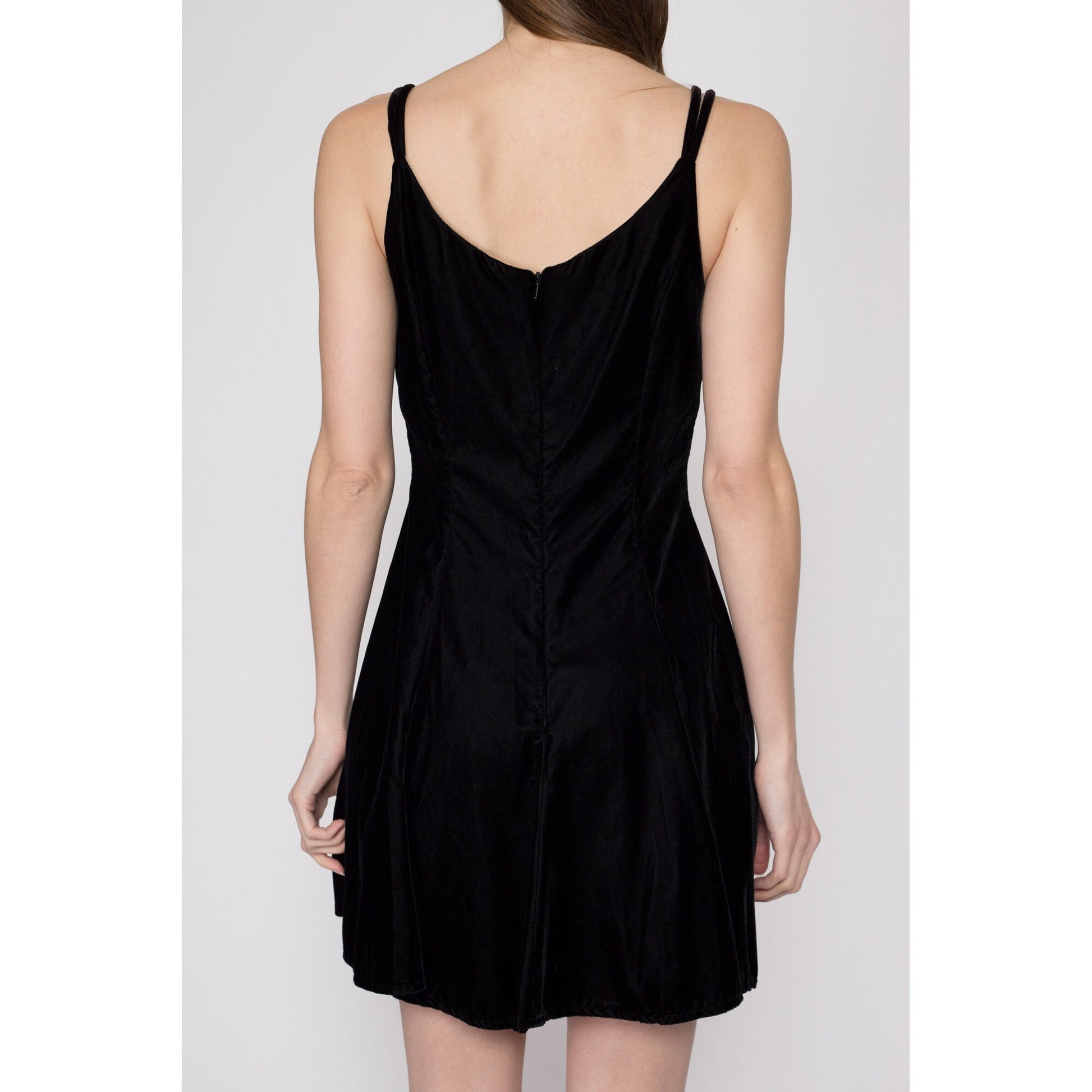 Small 90s Black Velvet Mini Skater Dress | Vintage Sleeveless Spaghetti Strap Minimalist Party Dress