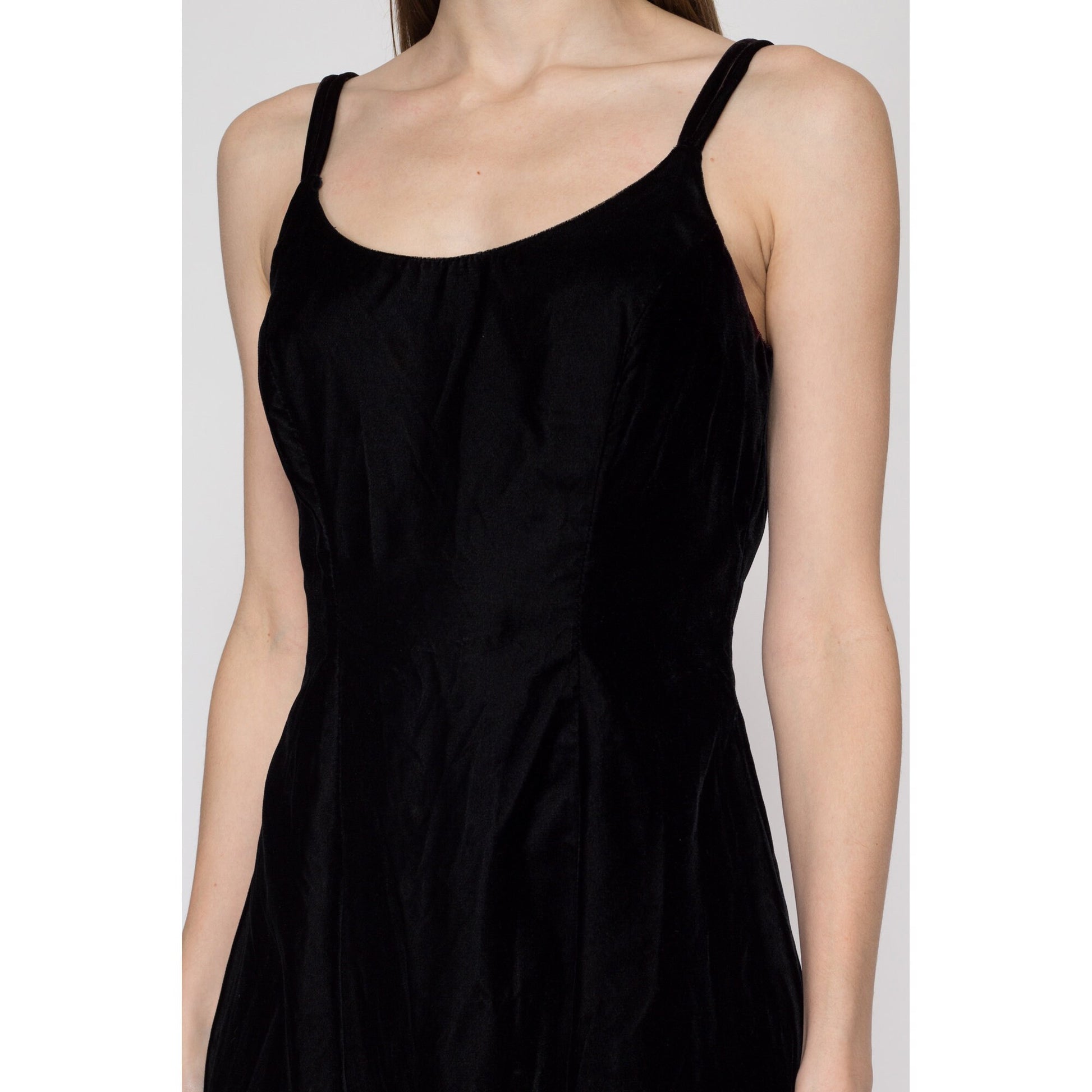 Small 90s Black Velvet Mini Skater Dress | Vintage Sleeveless Spaghetti Strap Minimalist Party Dress