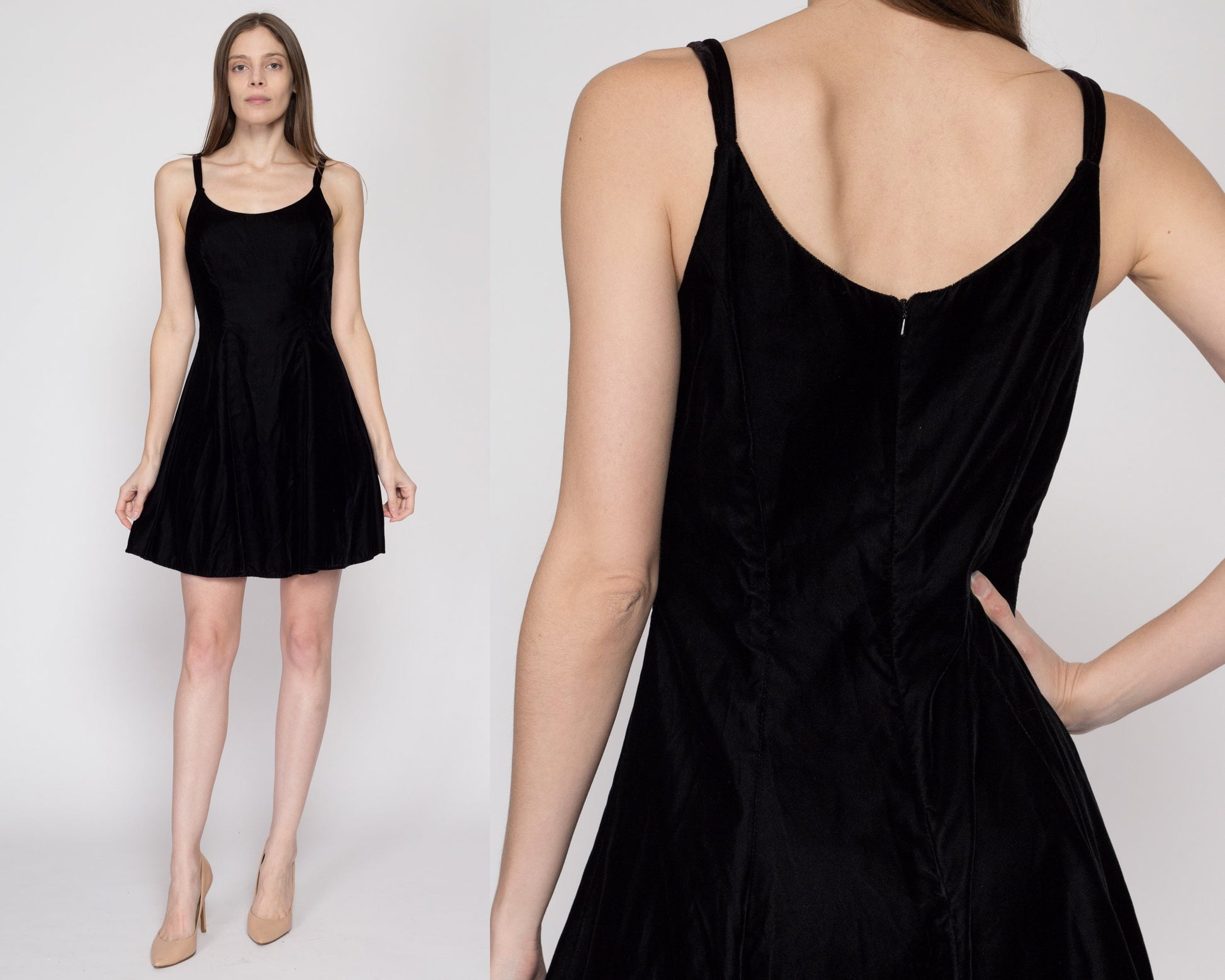 Small 90s Black Velvet Mini Skater Dress | Vintage Sleeveless Spaghetti Strap Minimalist Party Dress