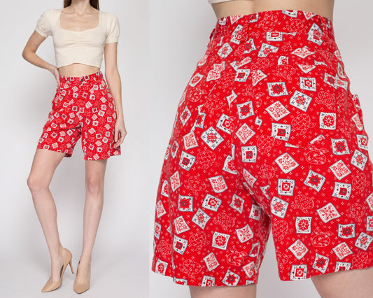 XS 90s Red Bandana Print Shorts, 24.5" | Vintage High Waisted Pleated Apple Novelty Print Long Shorts