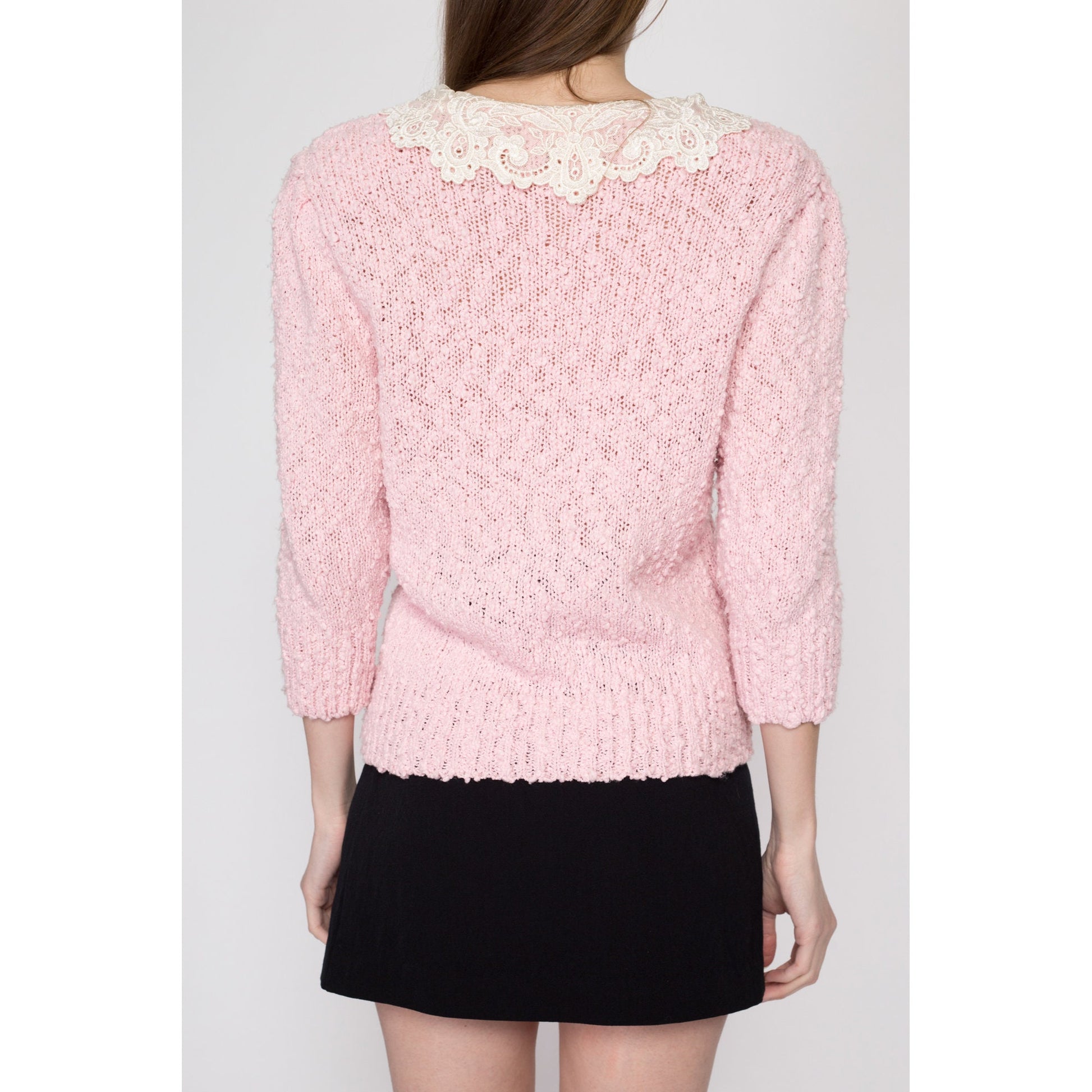 Medium 80s Pink Lace Collar Boucle Knit Sweater | Cute Retro Vintage 3/4 Sleeve Girly Pullover