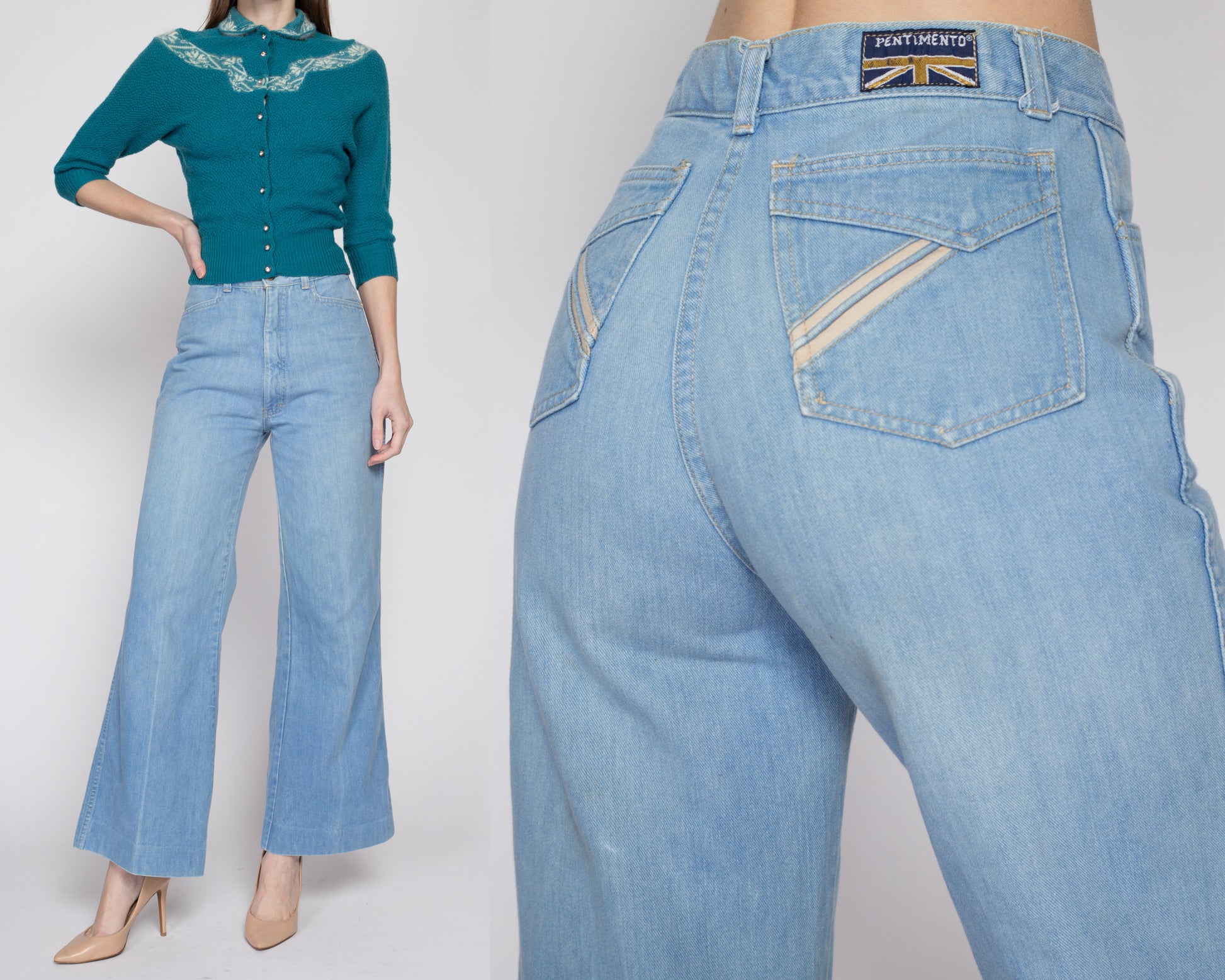 Small 70s High Waisted Light Wash Flared Jeans 26 – Flying Apple Vintage
