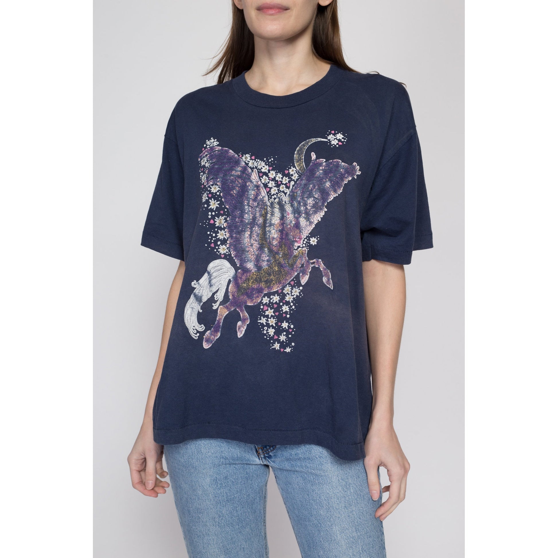 XL 90s Faded Pegasus Sparkle T Shirt | Vintage Navy Blue Cute Animal Graphic Tee