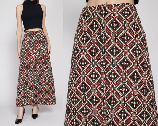 Small 60s Boho Geometric Quilted Maxi Skirt 25.5" | Vintage 1960s Patchwork Red Black High Waisted A Line Hostess Skirt