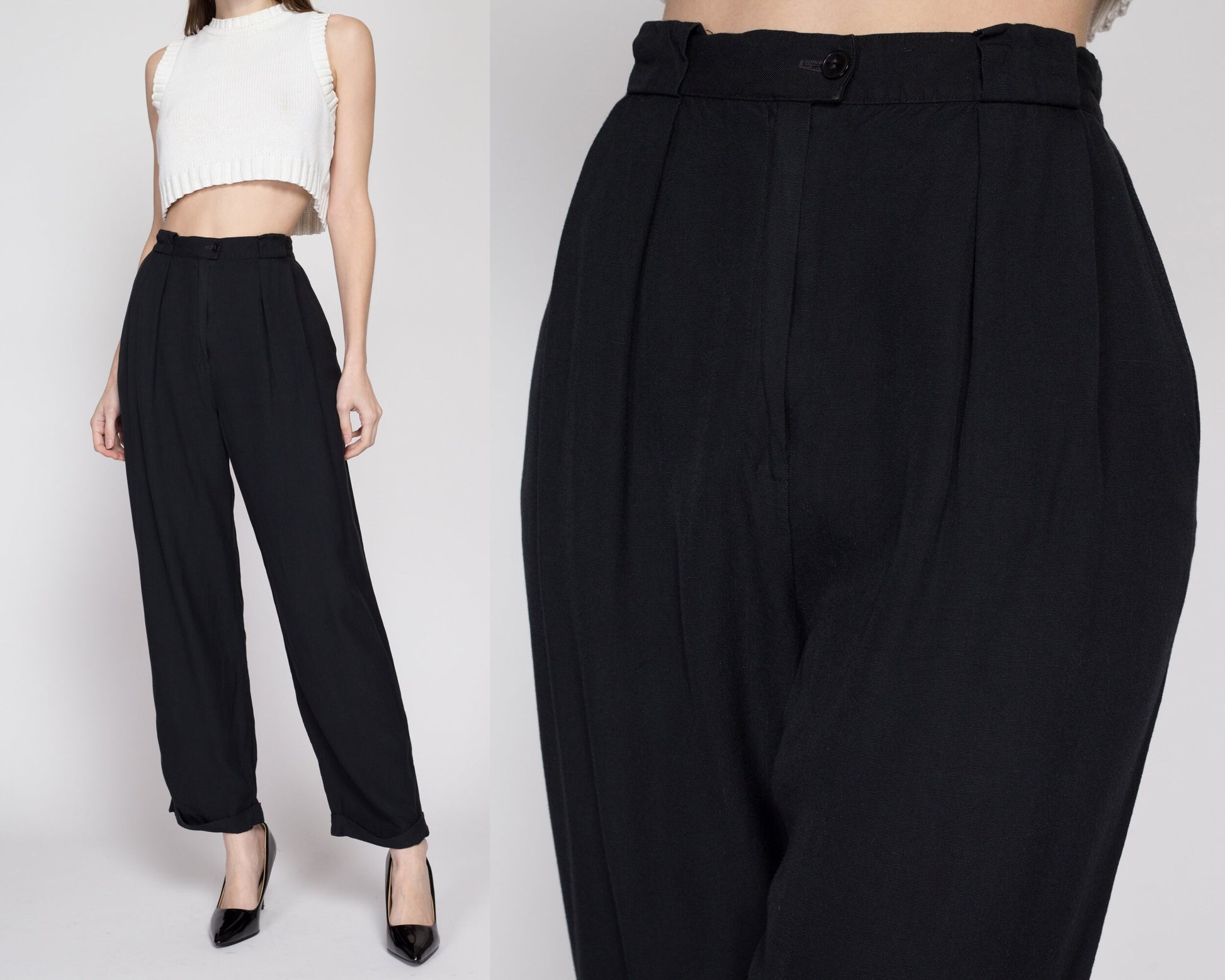 XS 80s Black High Waisted Pleated Trousers 24.5 – Flying Apple Vintage