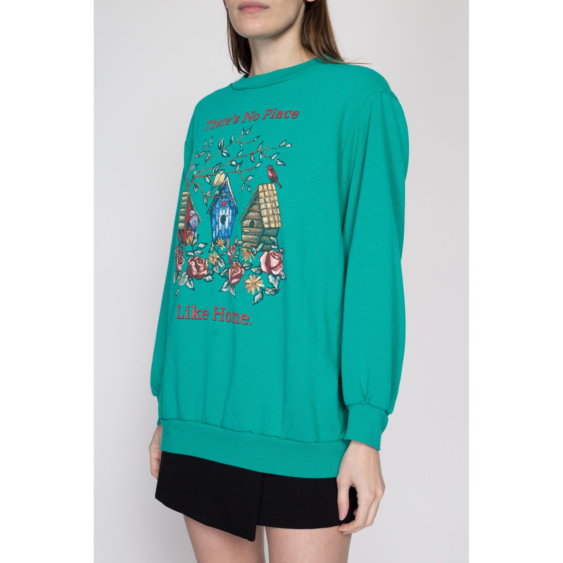 XL 90s "There's No Place Like Home" Birdhouse Sweatshirt | Vintage Teal Green Bird Graphic Crewneck