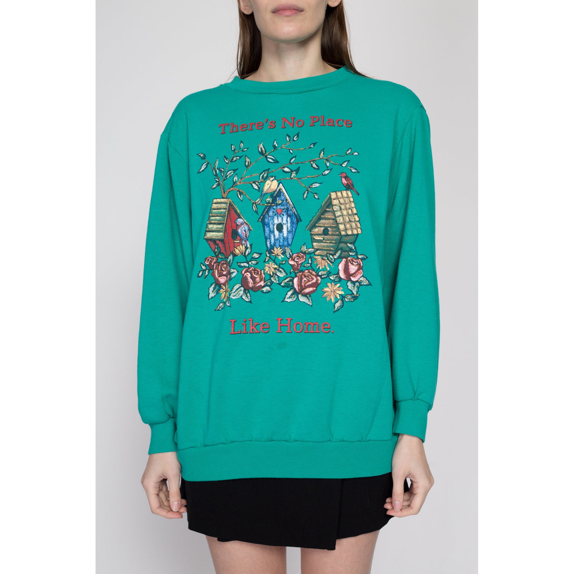 XL 90s "There's No Place Like Home" Birdhouse Sweatshirt | Vintage Teal Green Bird Graphic Crewneck