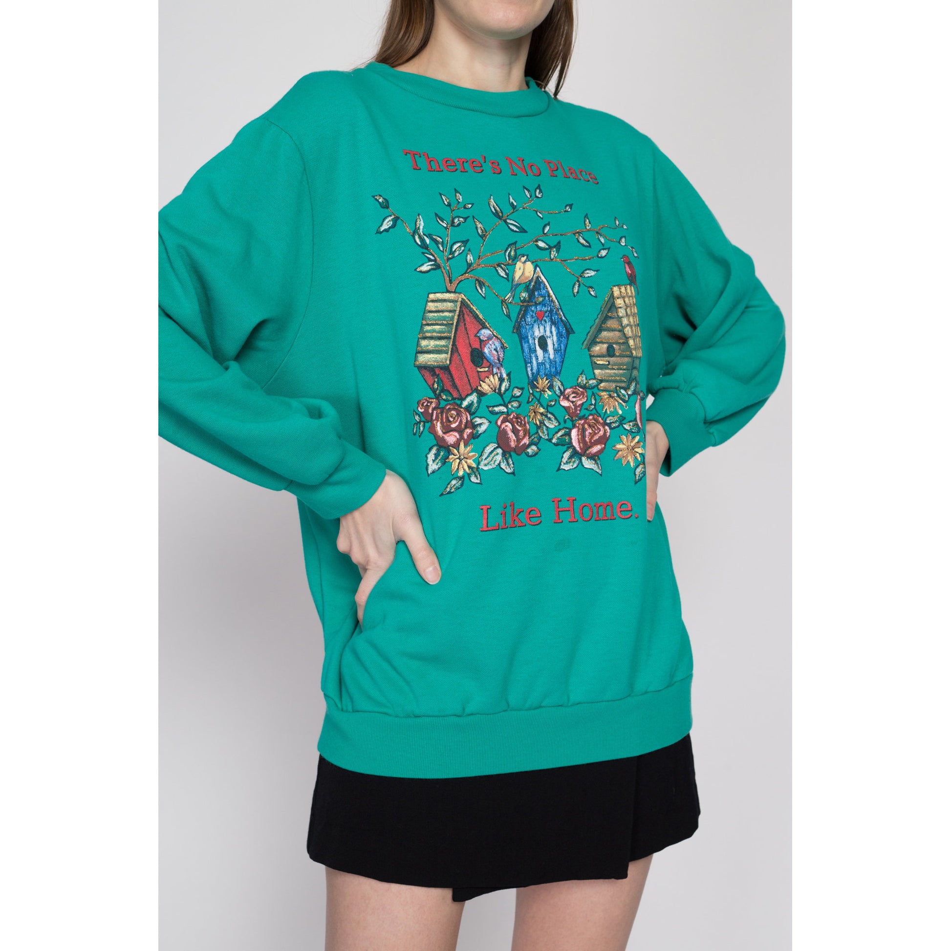 XL 90s "There's No Place Like Home" Birdhouse Sweatshirt | Vintage Teal Green Bird Graphic Crewneck