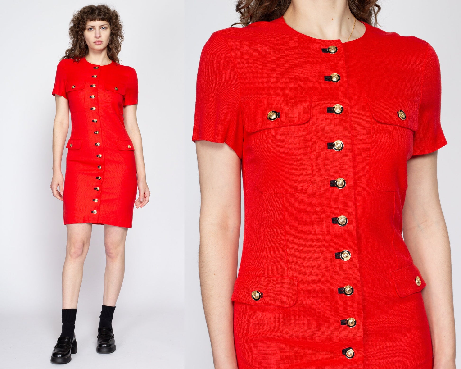 Small 90s Louis Feraud Red Mini Dress | Vintage Button Up Short Sleeve Secretary Dress