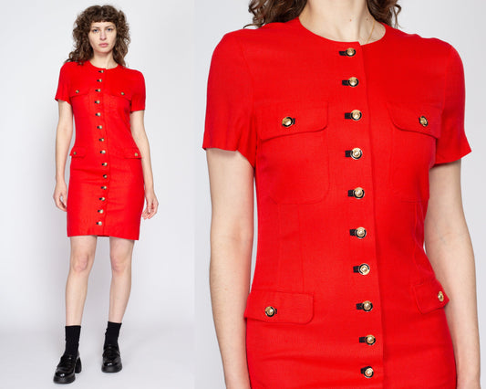 Small 90s Louis Feraud Red Mini Dress | Vintage Button Up Short Sleeve Secretary Dress