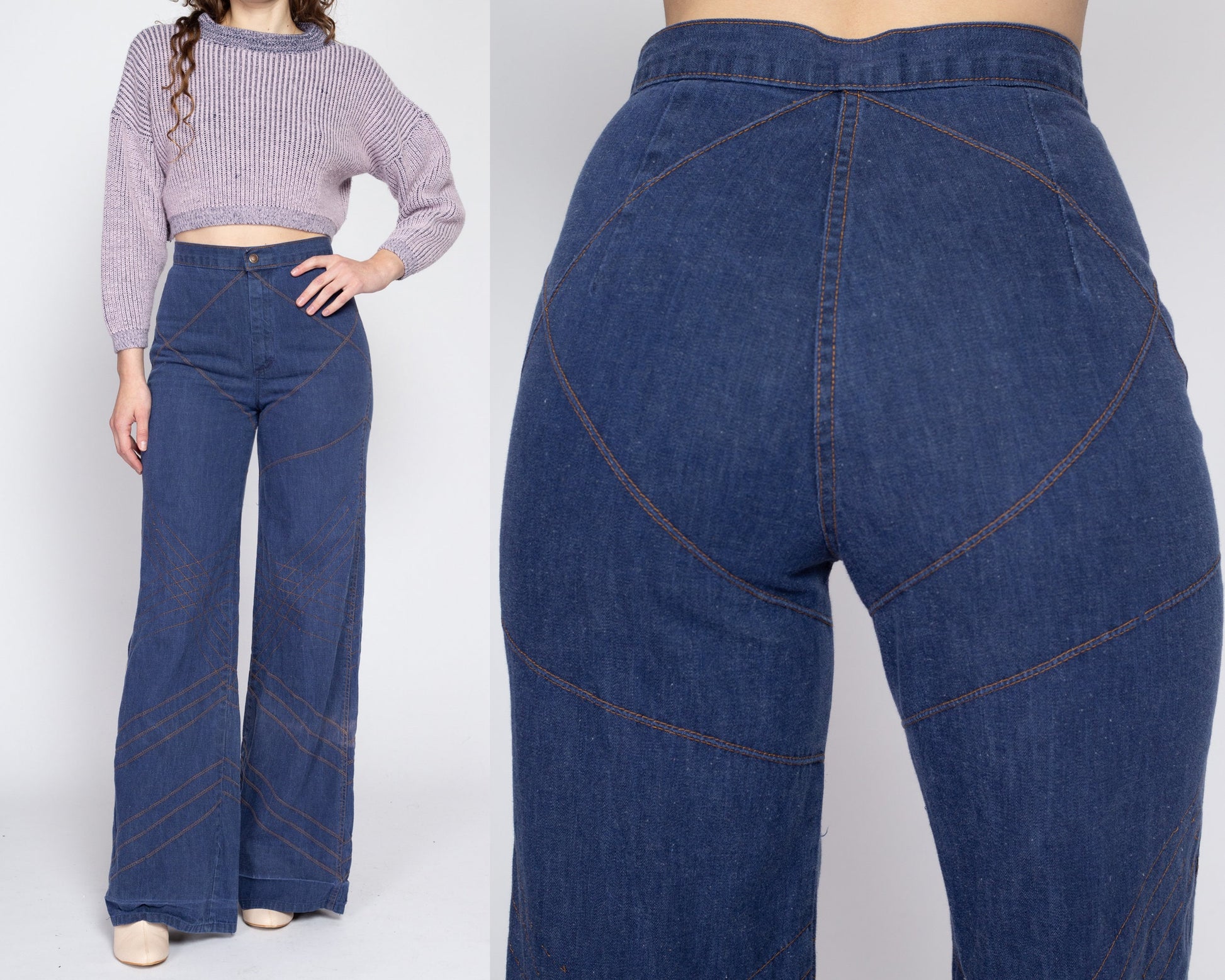 Small 70s Decorative Stitch Flared Jeans 26.5 – Flying Apple Vintage
