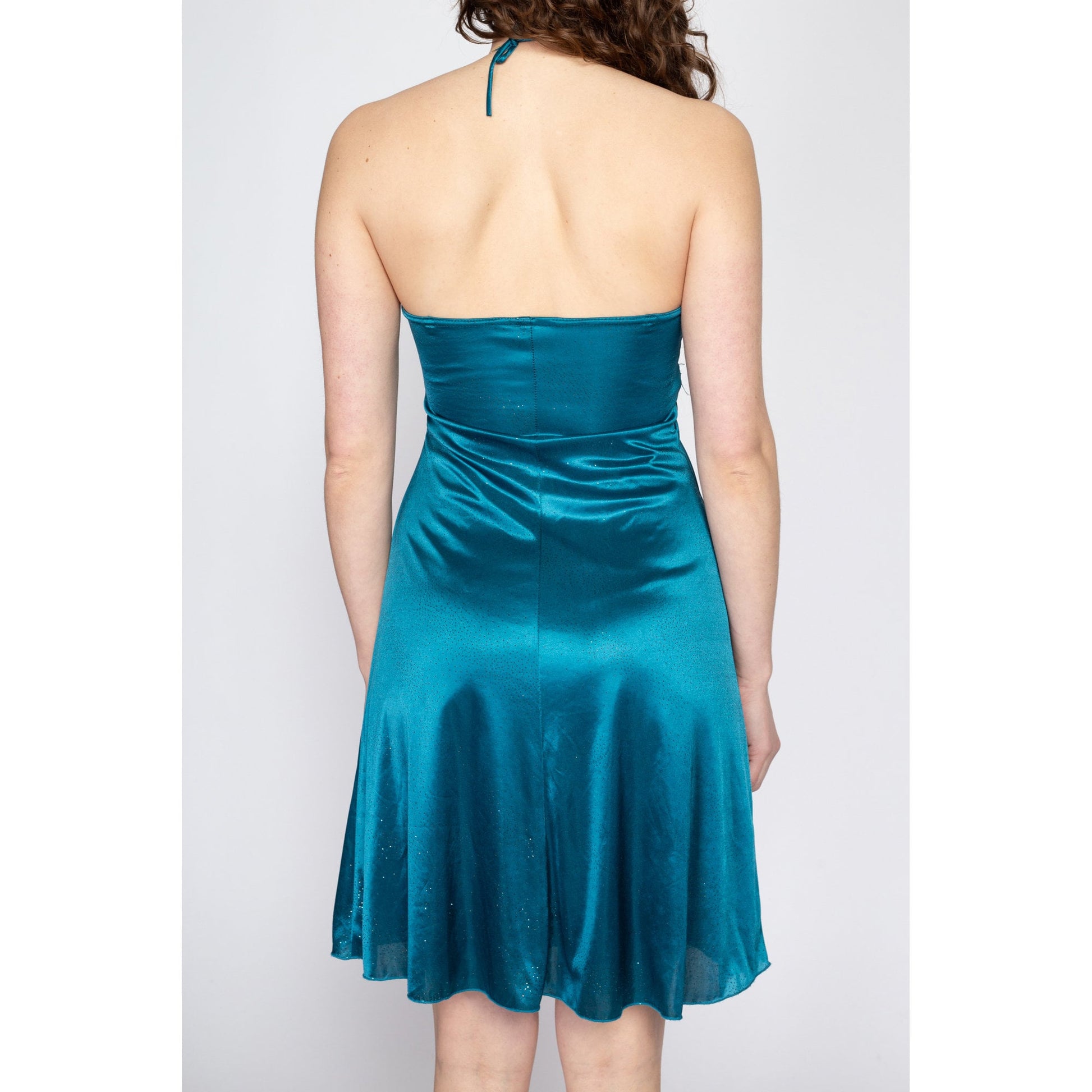 Sm-Med Y2K Shiny Teal Blue Halter Party Dress | Vintage Sleeveless Empire Waist Mini Dress