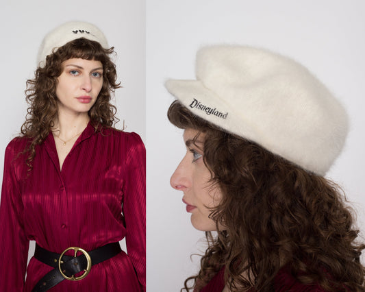 Small Vintage Disneyland White Angora Flat Cap | Y2K Mickey Mouse Rabbit Fur Newsboy Cabbie Hat