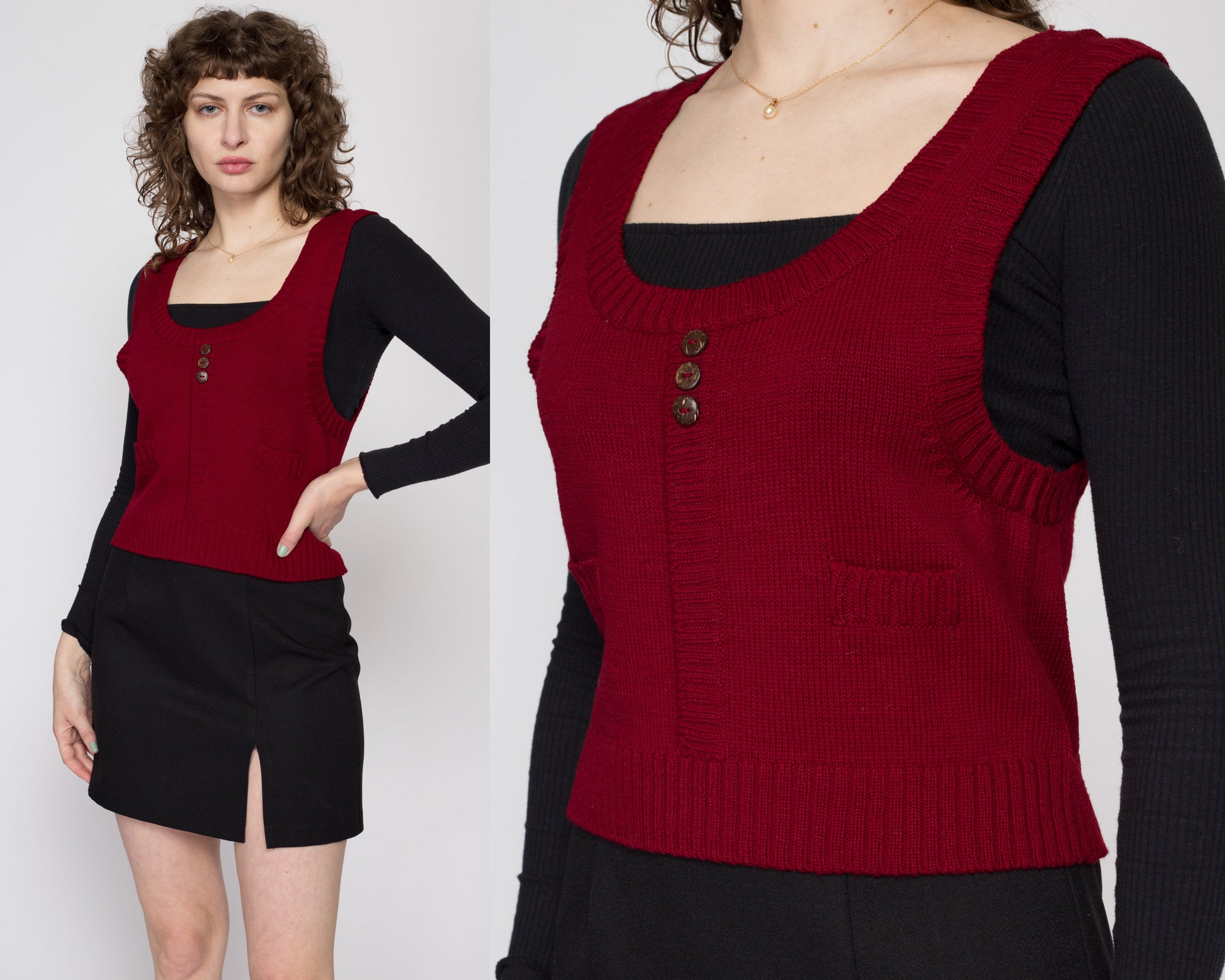 Med-Lrg 80s Wine Red Knit Vest Top | Vintage Scoop Neck Cropped Sleeveless Sweater