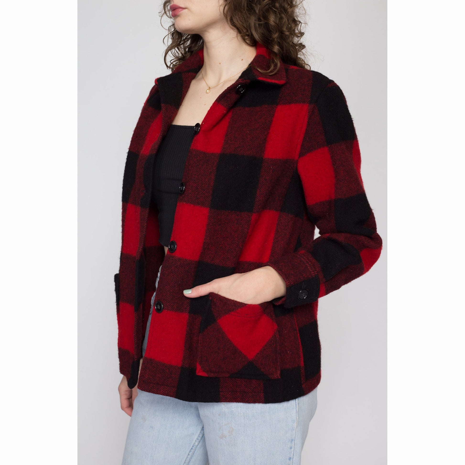 Petite Medium 60s 70s Buffalo Plaid Wool Jacket | Vintage Black & Red Button Up Lumberjack Overshirt Shacket