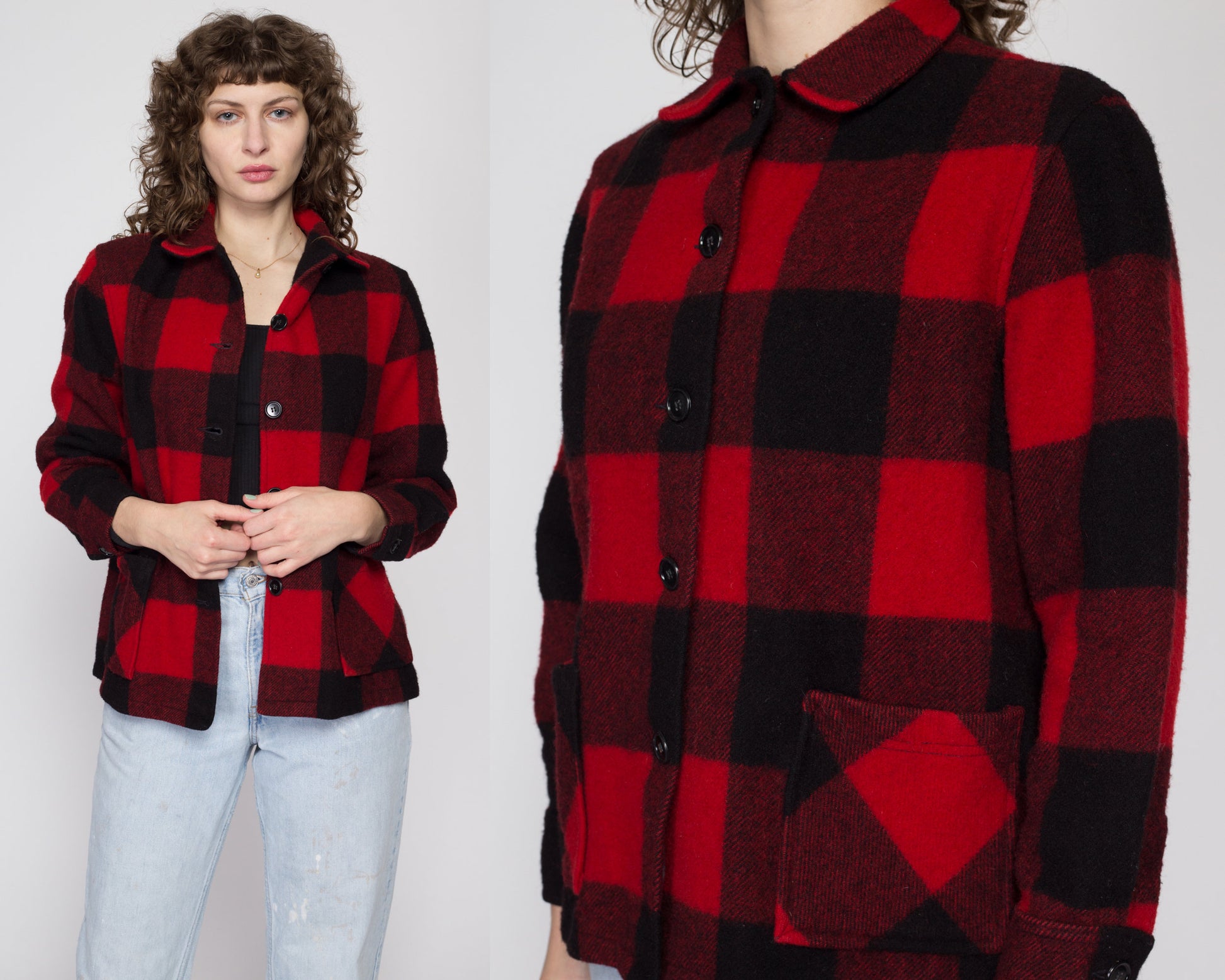 Petite Medium 60s 70s Buffalo Plaid Wool Jacket | Vintage Black & Red Button Up Lumberjack Overshirt Shacket