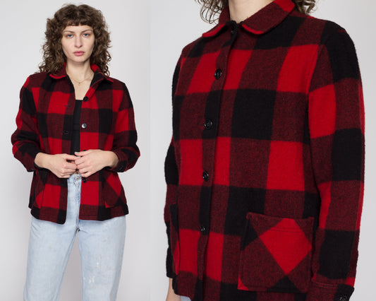 Petite Medium 60s 70s Buffalo Plaid Wool Jacket | Vintage Black & Red Button Up Lumberjack Overshirt Shacket