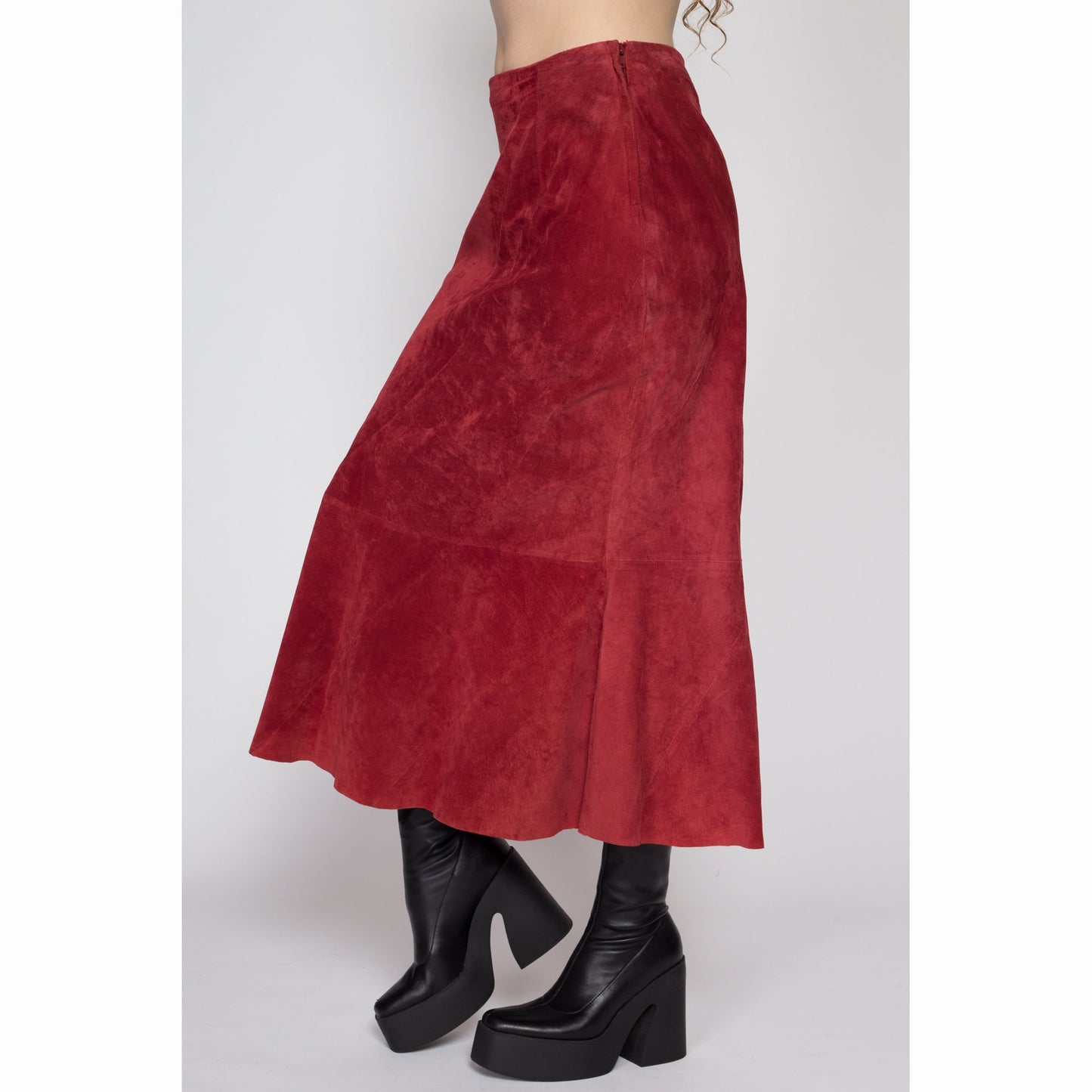 Medium 90s Boho Raspberry Red Suede Midi Skirt | Vintage High Waisted A Line Mermaid Skirt