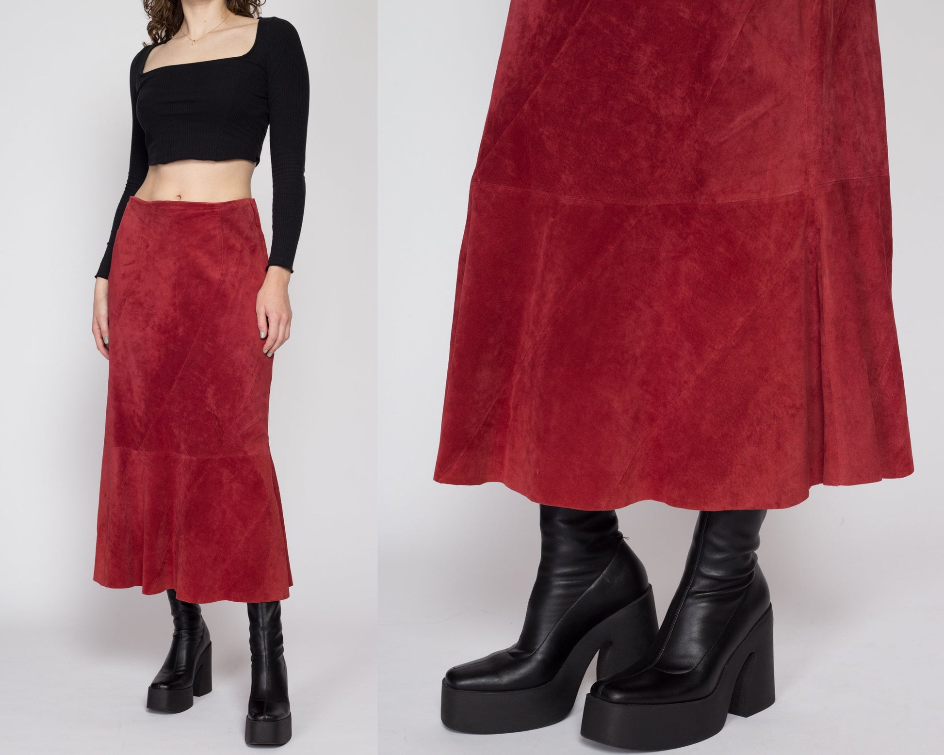 Medium 90s Boho Raspberry Red Suede Midi Skirt | Vintage High Waisted A Line Mermaid Skirt