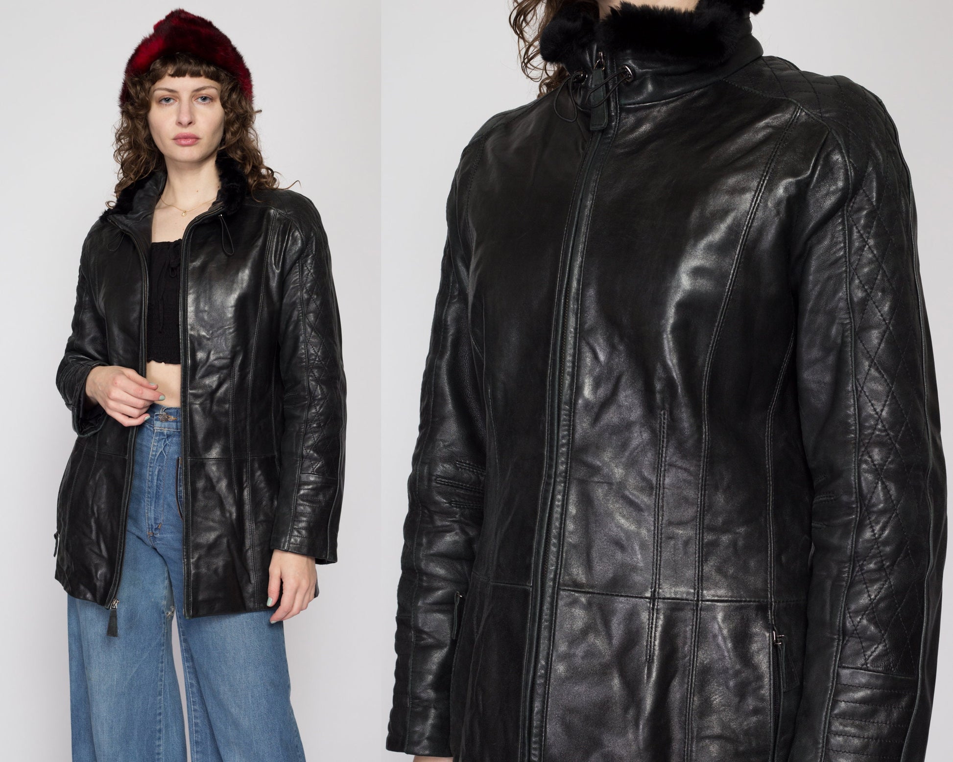 Small 90s Black Leather Fur Collar Jacket | Vintage Tiboa Quilted Insulated Mid Length Moto Jacket