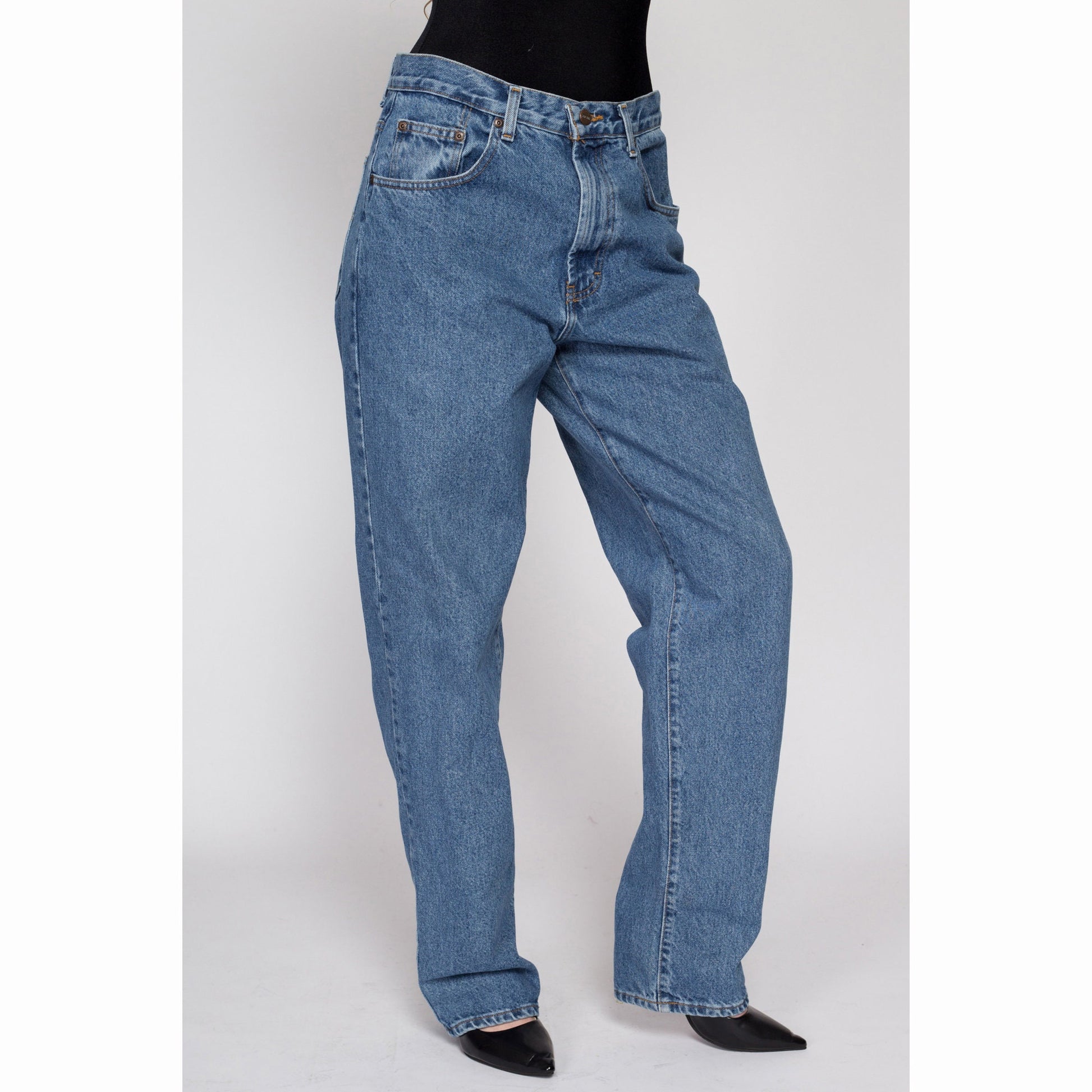 33x32 90s High Waisted Dad Jeans | Vintage Unisex Medium Wash Denim Baggy Tapered Leg Jeans