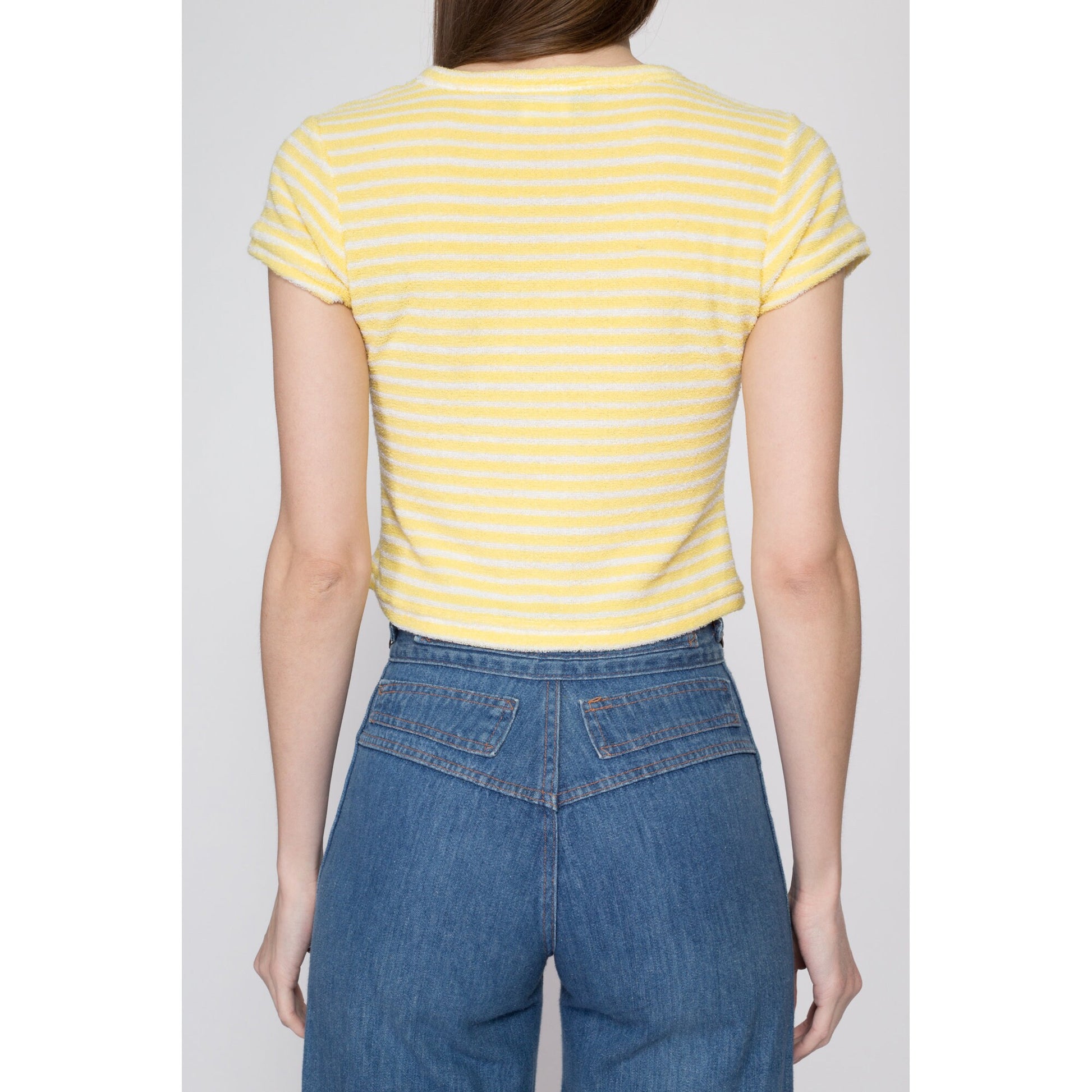 Small 80s Yellow & White Striped Terrycloth Crop Top | Retro Vintage Short Sleeve Cropped Shirt