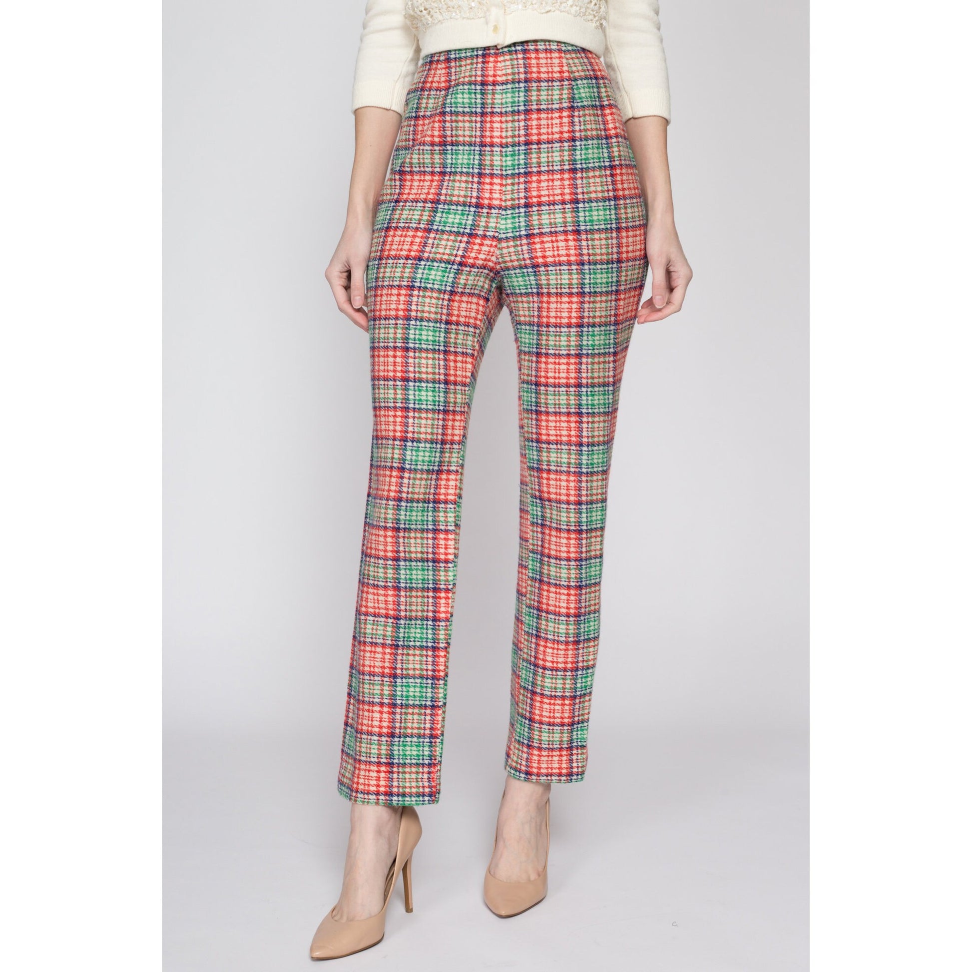 60s Red Green Plaid Side Zip Trousers Small, 26