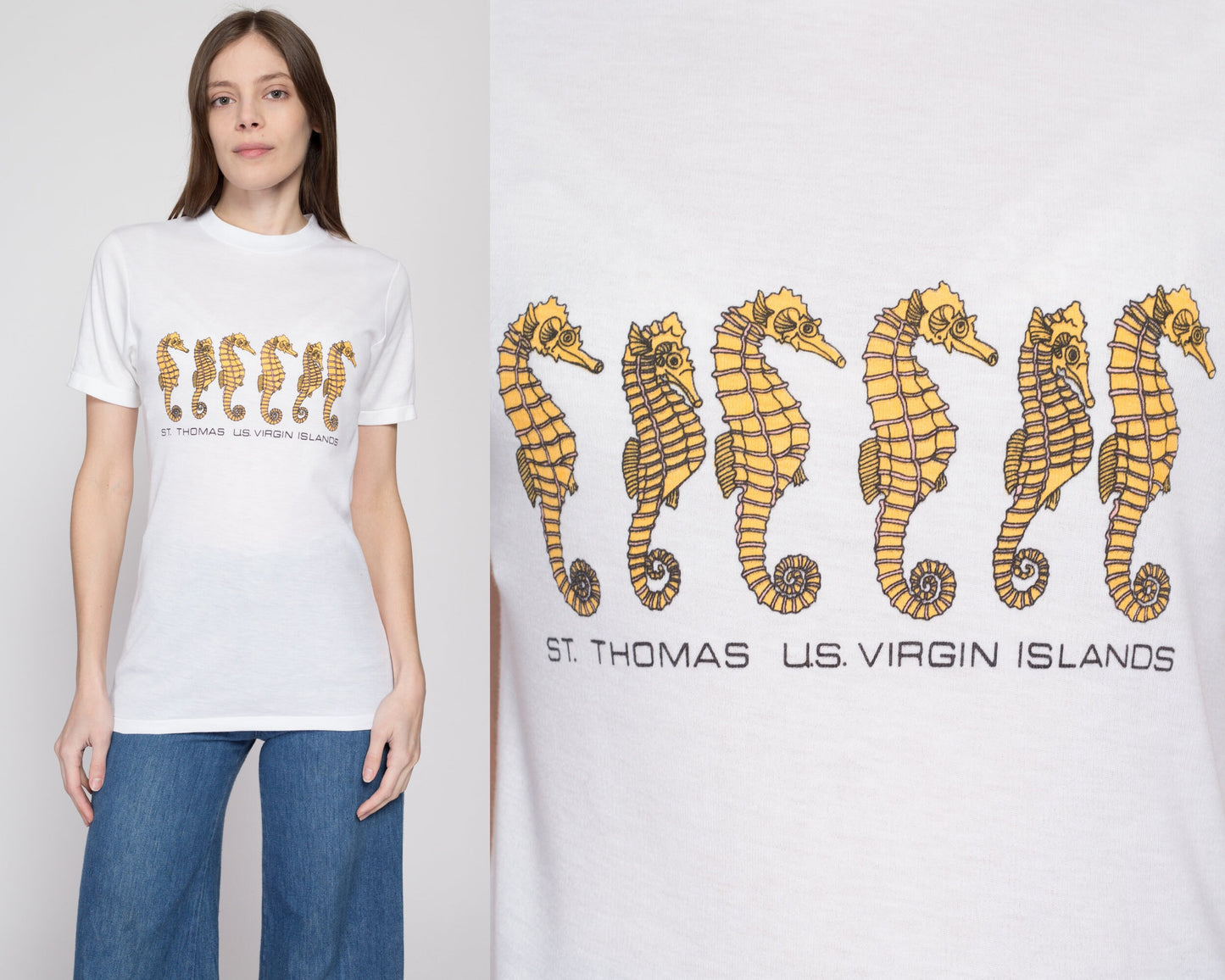 Small 80s St. Thomas Seahorse Tourist T Shirt | Vintage Virgin Islands White Fitted Long Graphic Tee