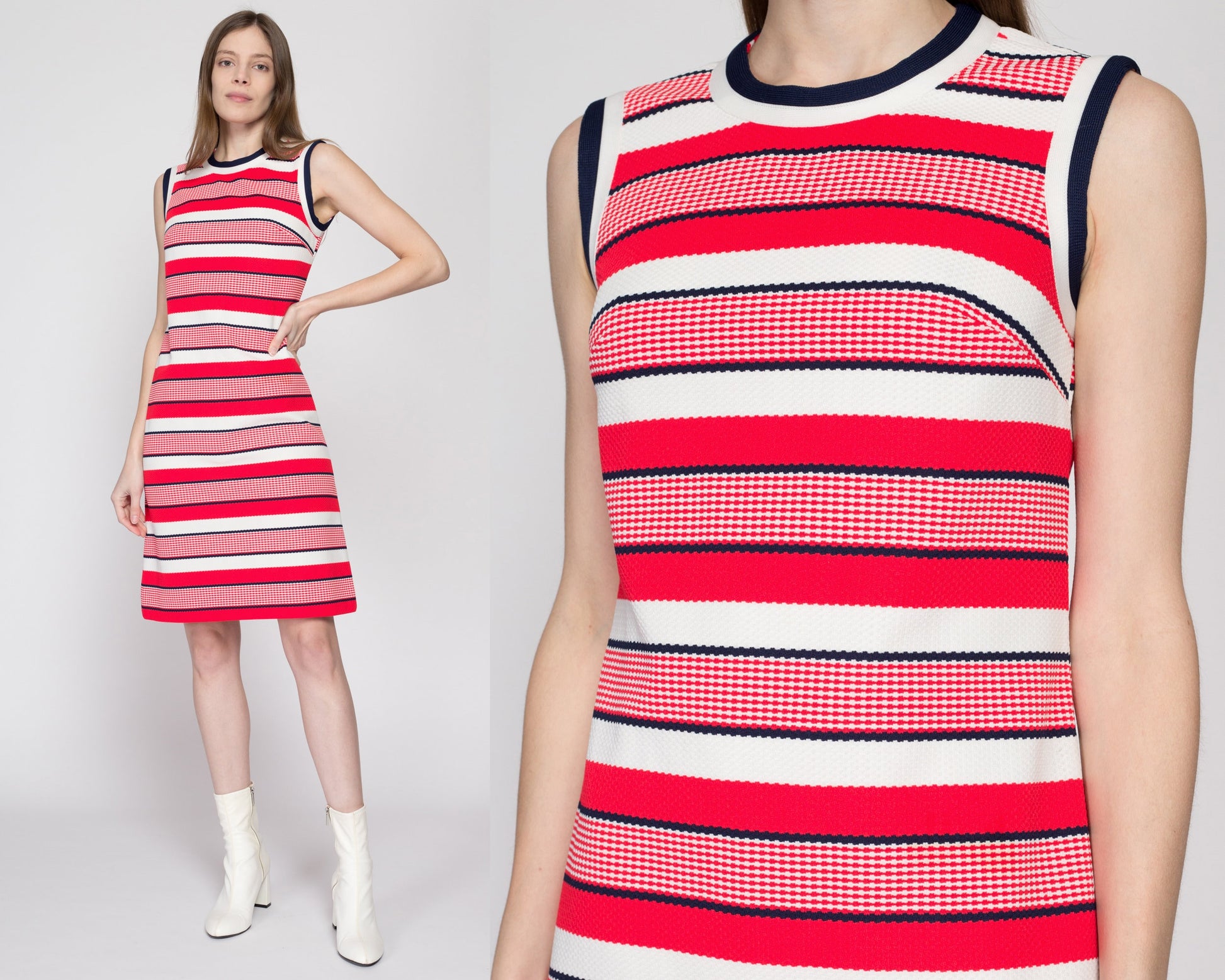 Small 60s Red White & Blue Striped Shift Dress Flying Apple Vintage Small 60s Red White & Blue Striped Shift Dress Flying Apple Vintage