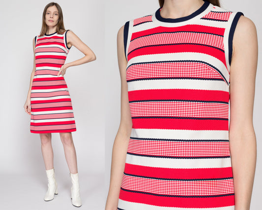 Small 60s Red White & Blue Striped Shift Dress | Vintage Andrea Gayle Mod Sleeveless Knee Length Mini Ringer Dress