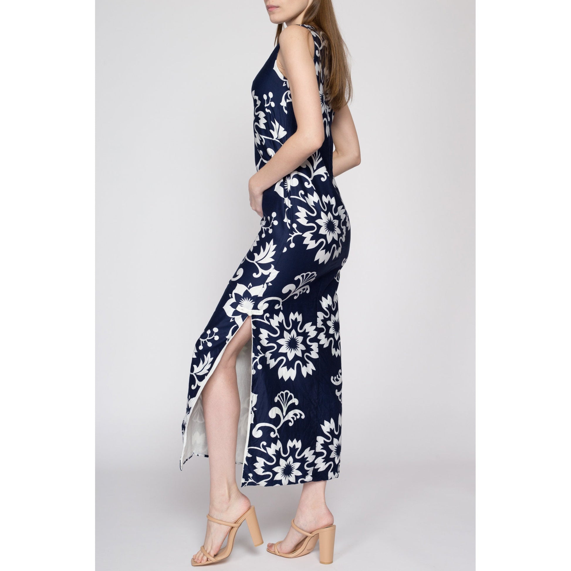 XS 60s Hawaiian Navy Blue Floral Maxi Dress Flying Apple Vintage XS 60s Hawaiian Navy Blue Floral Maxi Dress Flying Apple Vintage