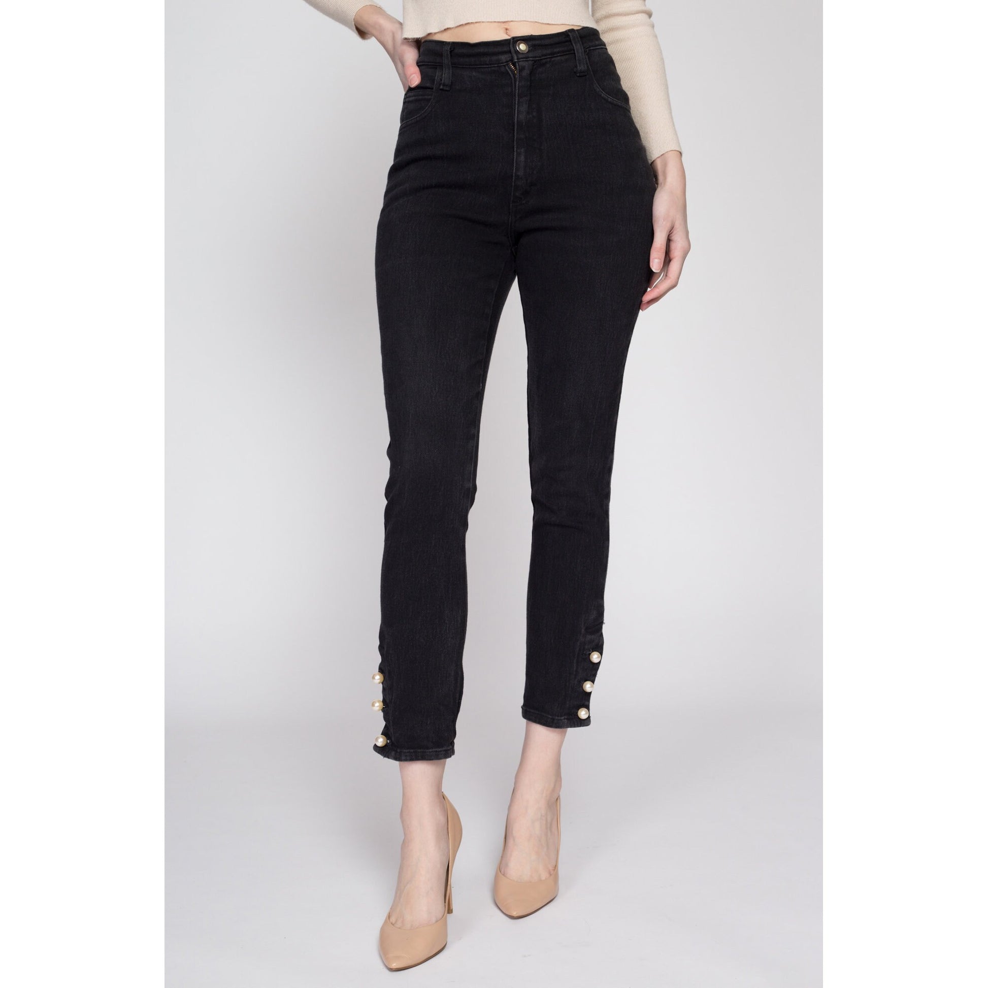 XS 80s Black Ankle Button Skinny Jeans 24"-26" | Vintage Denim High Waisted Stretchy Jeans
