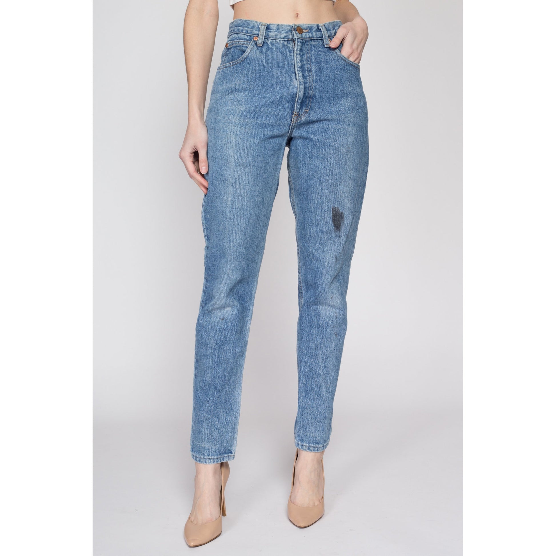 Small 80s Calvin Klein High Waisted Mom Jeans 27" | Vintage CK Denim Tapered Leg Distressed Jeans
