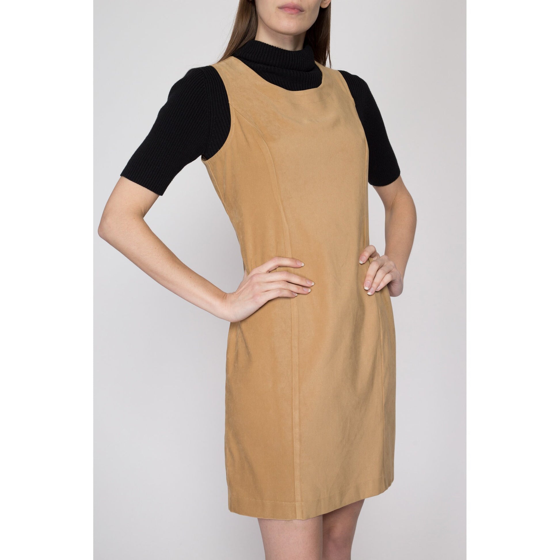Medium 90s Minimalist Tan Faux Suede Sleeveless Mini Dress | Vintage Scoop Neck Tank Sheath Dress