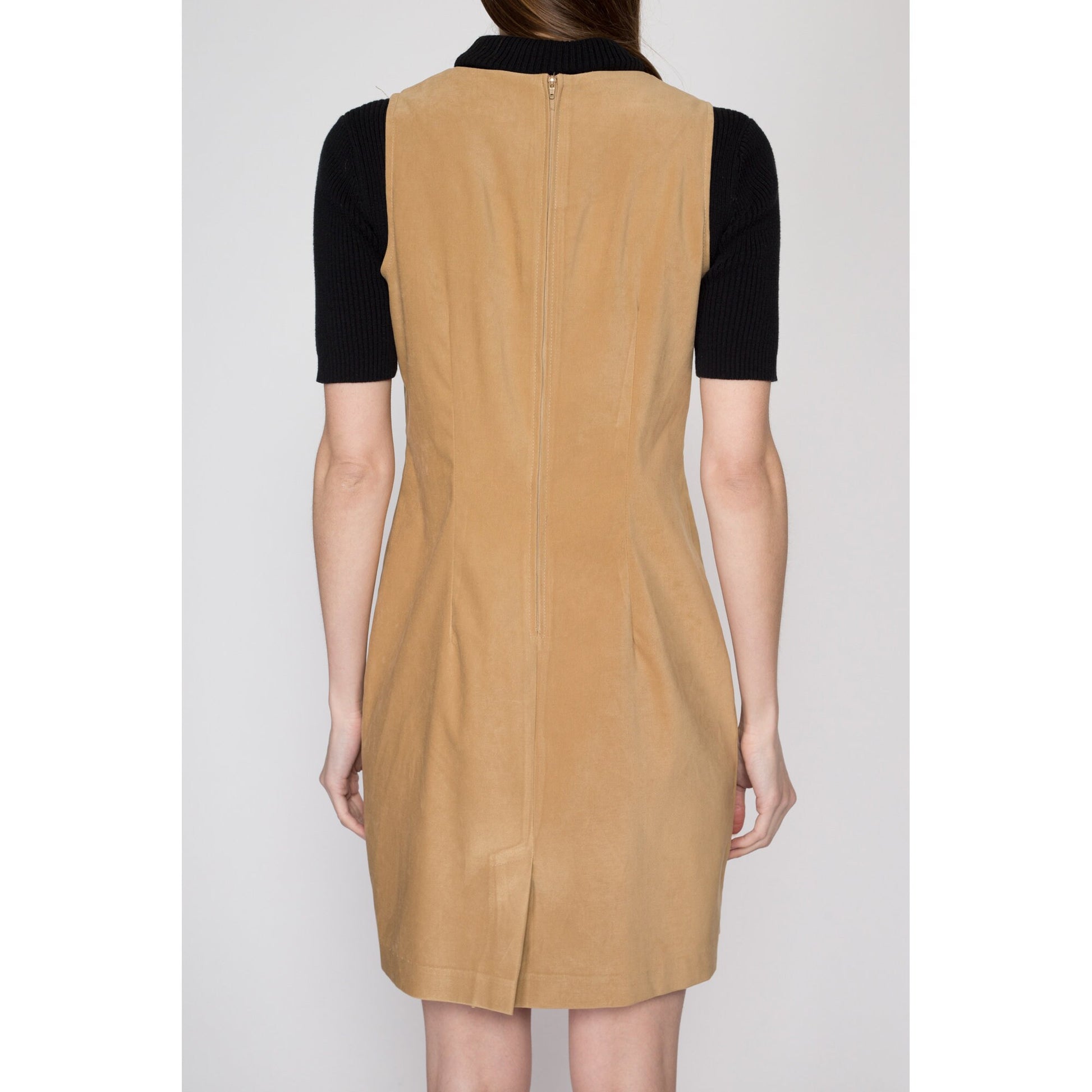 Medium 90s Minimalist Tan Faux Suede Sleeveless Mini Dress | Vintage Scoop Neck Tank Sheath Dress