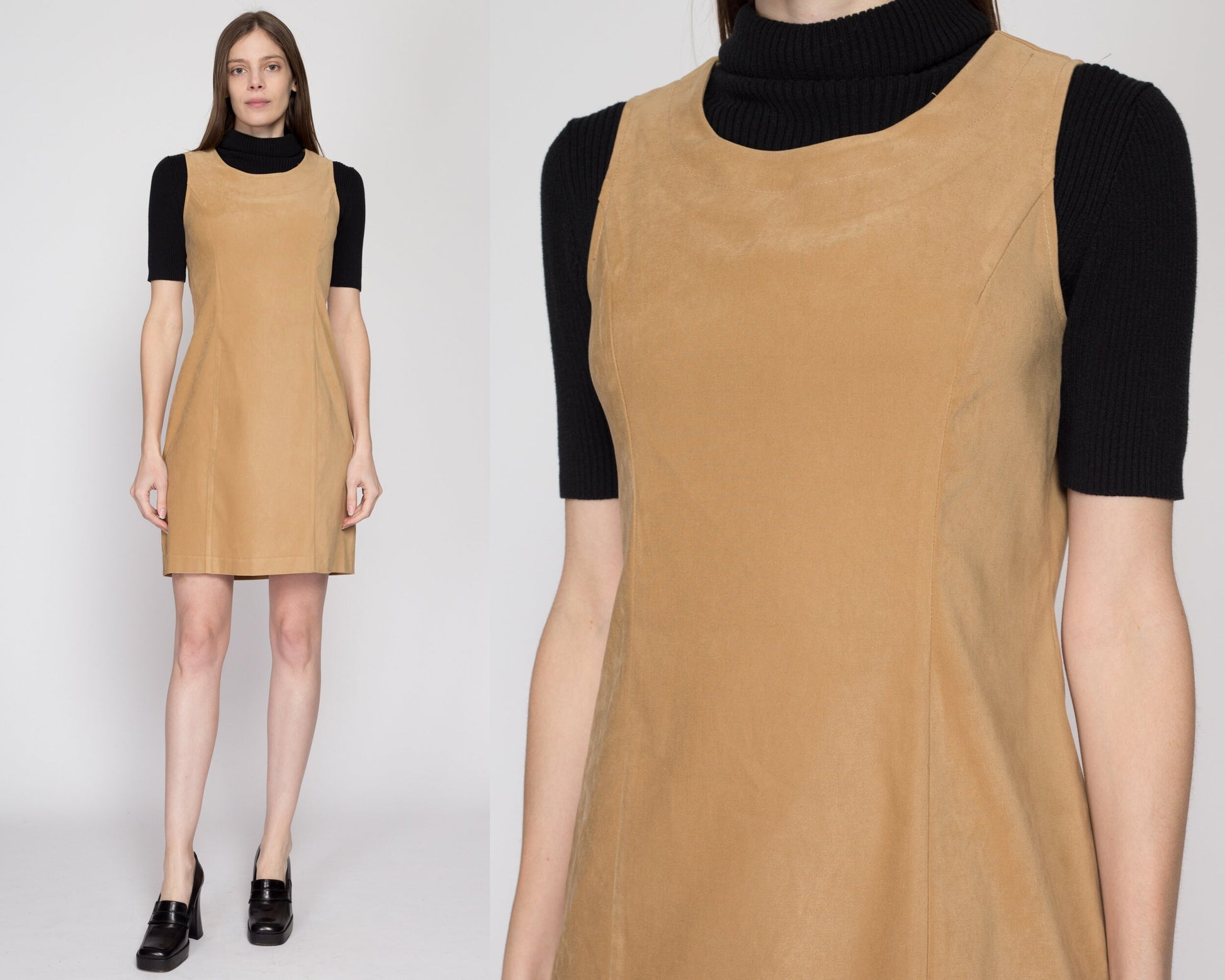 Medium 90s Minimalist Tan Faux Suede Sleeveless Mini Dress | Vintage Scoop Neck Tank Sheath Dress