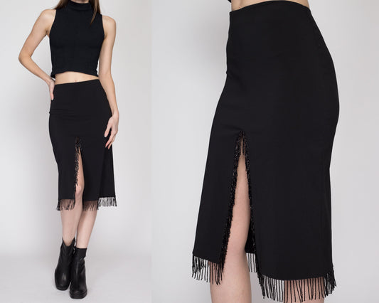 Small 90s Black Beaded Fringe Slit Skirt | Vintage High Waisted Knee Length Midi Pencil Skirt
