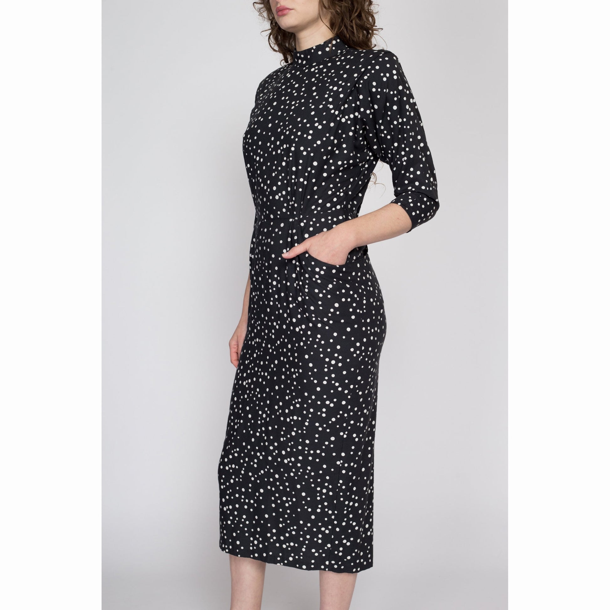 Medium 80s Black & White Polka Dot Midi Dress | Vintage Dolman Sleeve Shoulder Pad Shelf Pocket Dress